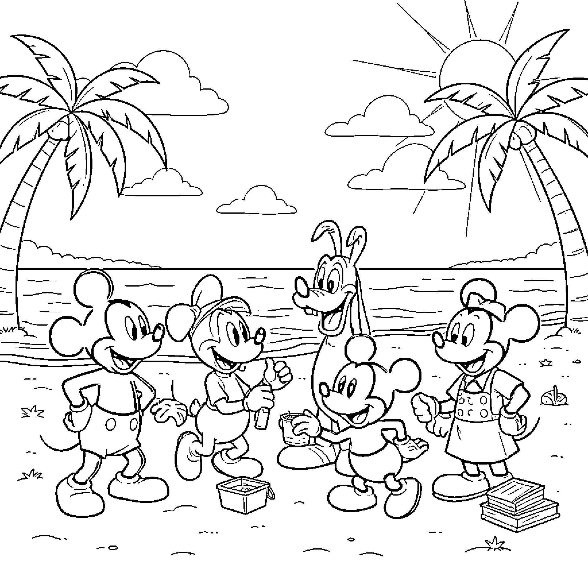 Mickey and friends enjoying the beach Coloring Page (free black-and-white line drawing printable PDF for all, from beginners to advanced learners, including children, teens, adults, and seniors)