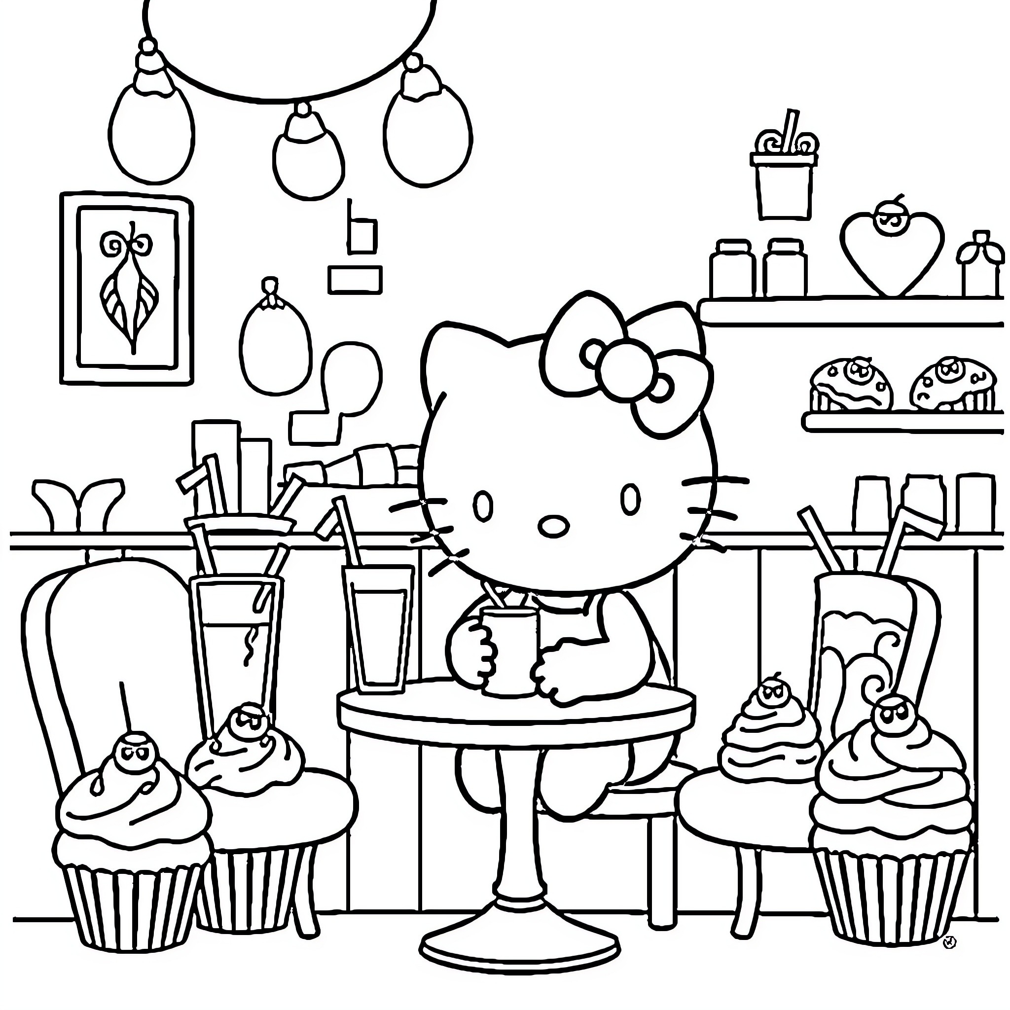 Hello Kitty enjoying delightful treats in the cafe Coloring Page (free black-and-white line drawing printable PDF for all, from beginners to advanced learners, including children, teens, adults, and seniors)