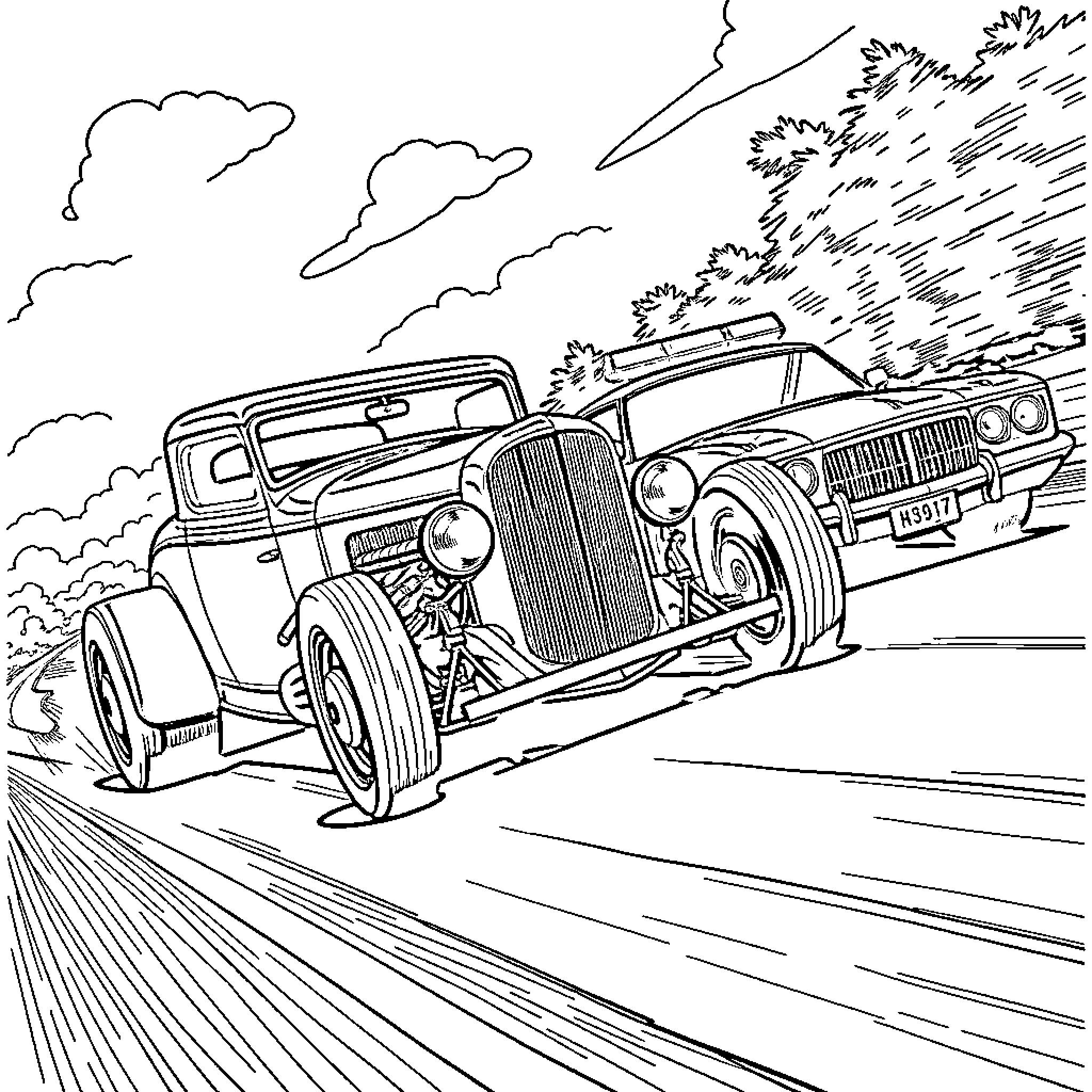 Hotrod racing down the road with speed and power Coloring Page (free black-and-white line drawing printable PDF for all, from beginners to advanced learners, including children, teens, adults, and seniors)