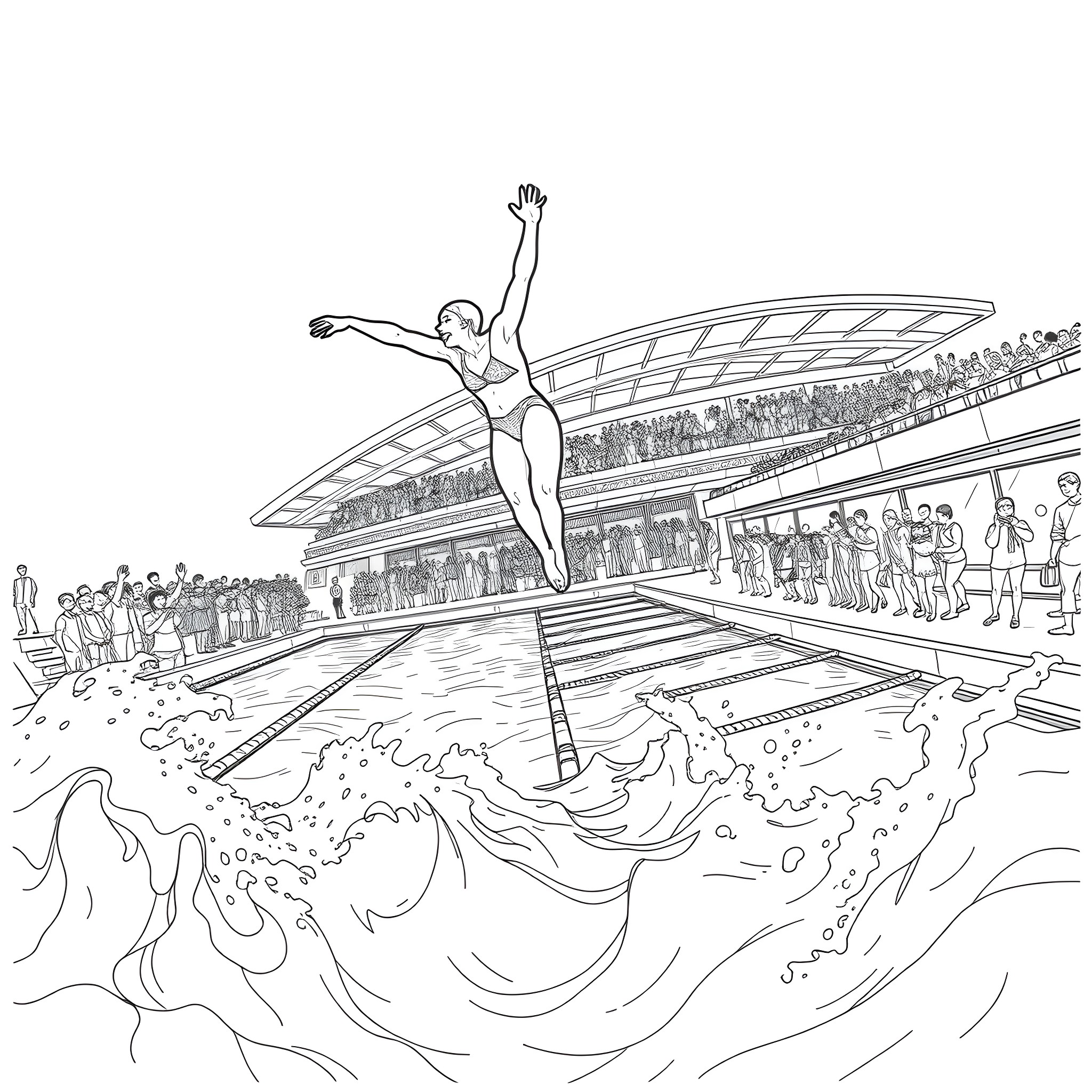 Diver performing acrobatic leap in aquatic stadium Coloring Page (free black-and-white line drawing printable PDF for all, from beginners to advanced learners, including children, teens, adults, and seniors)