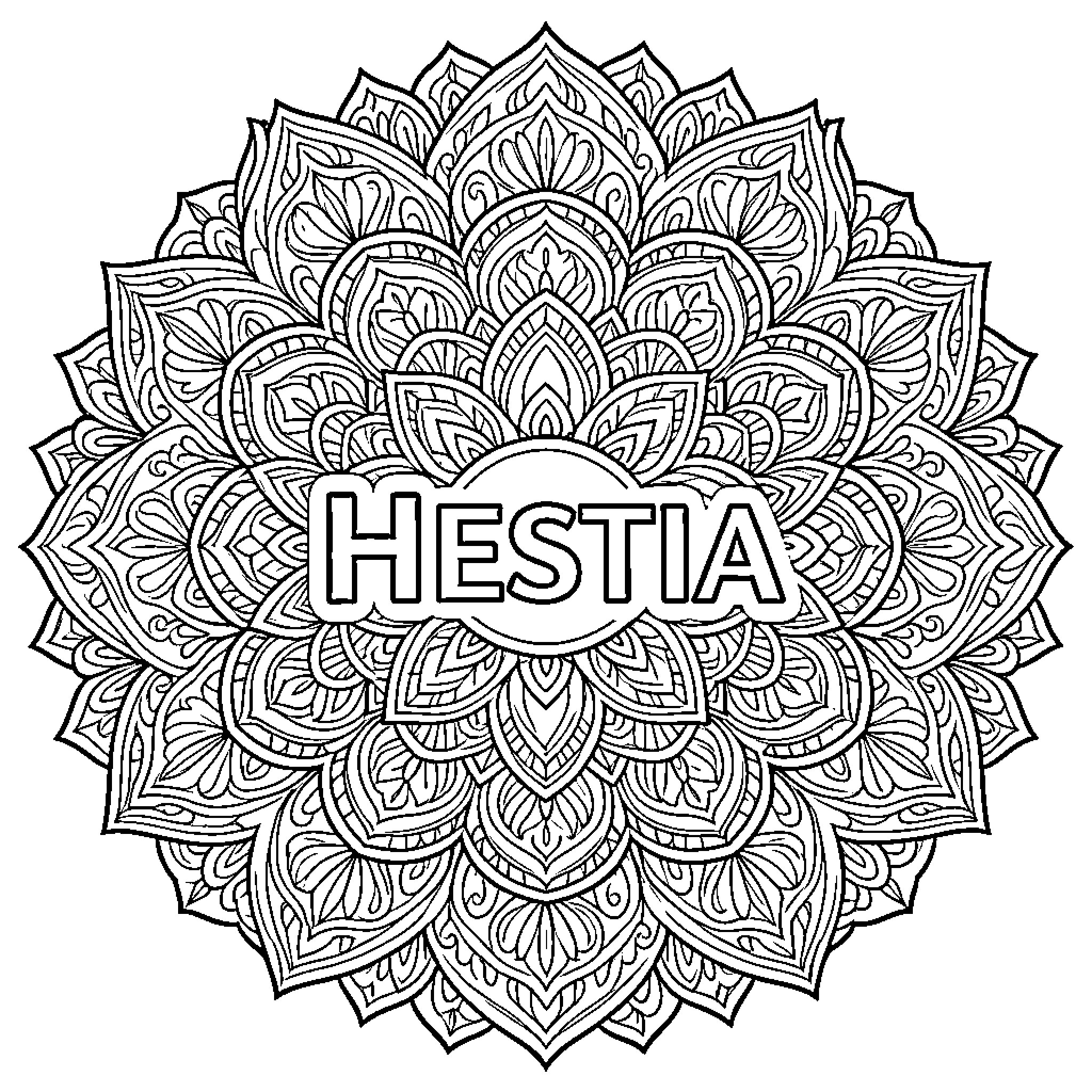 Hestia centered within an intricate floral mandala pattern Coloring Page (free black-and-white line drawing printable PDF for all, from beginners to advanced learners, including children, teens, adults, and seniors)