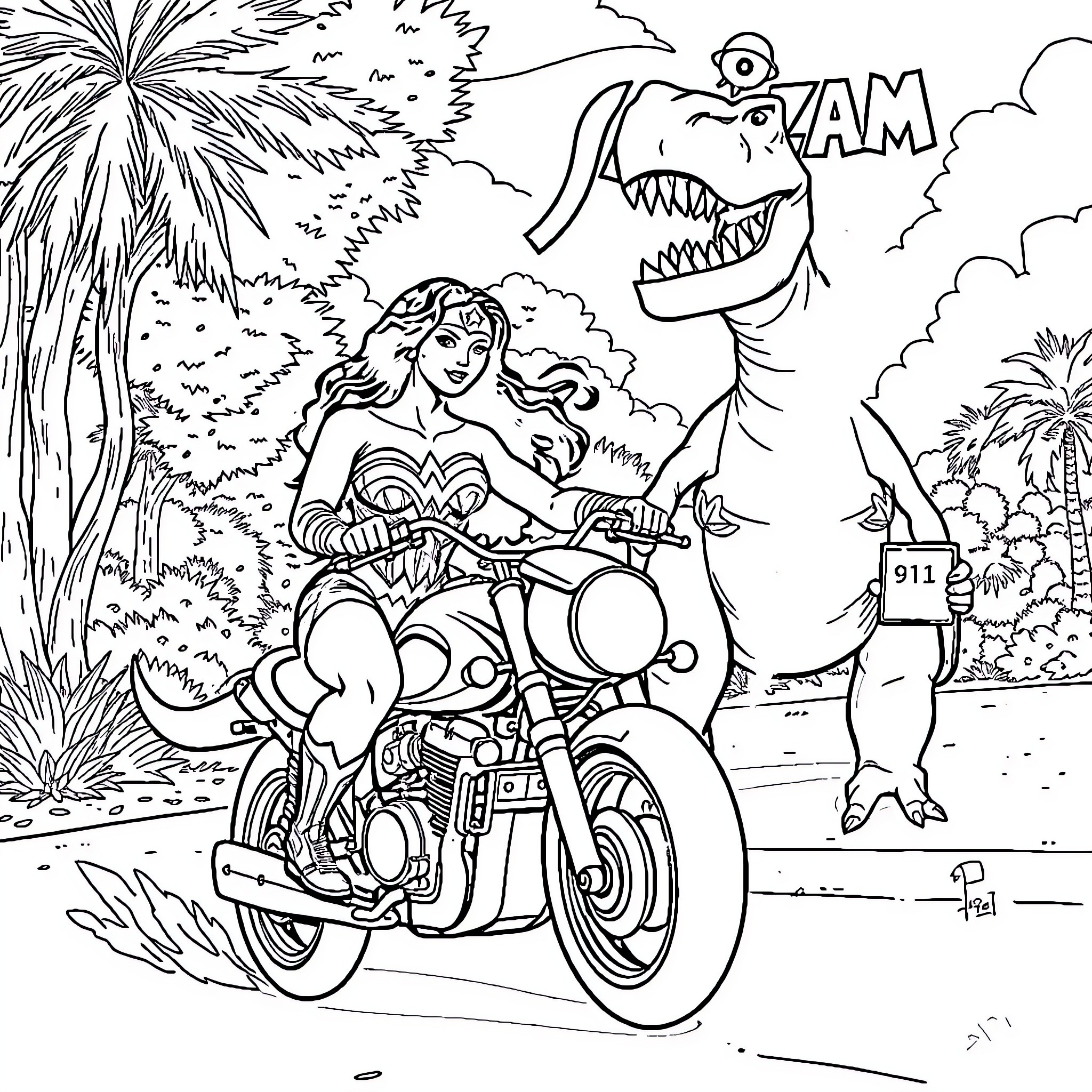 Wonder Woman riding a motorcycle with a dinosaur in the jungle Coloring Page (free black-and-white line drawing printable PDF for all, from beginners to advanced learners, including children, teens, adults, and seniors)