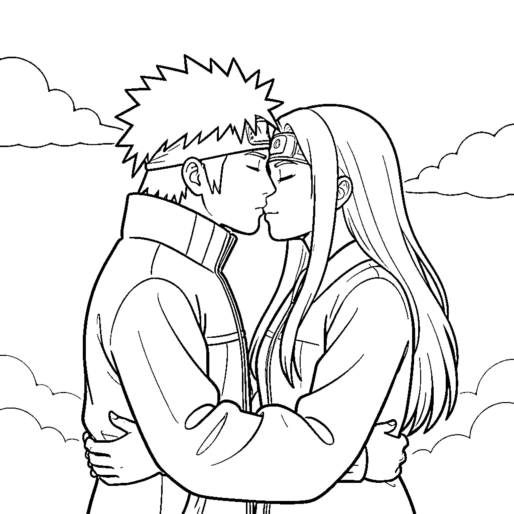 Naruto and Hinata embrace in a tender moment Coloring Page (free black-and-white line drawing printable PDF for all, from beginners to advanced learners, including children, teens, adults, and seniors)