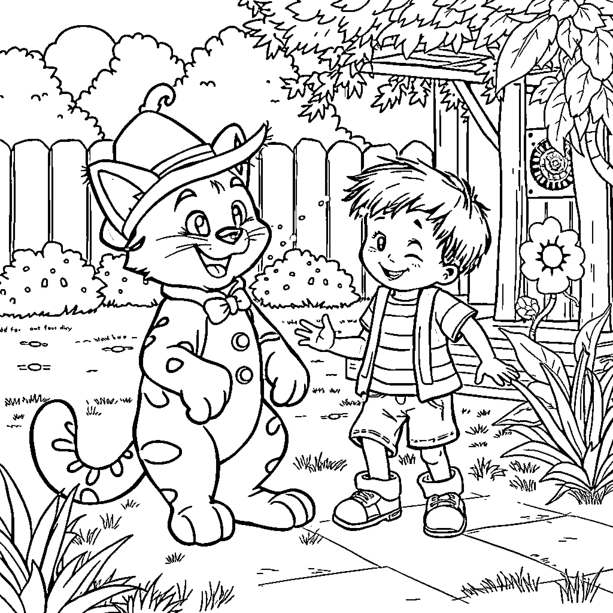 Puss in Boots and Boy Exploring the Garden Coloring Page (free black-and-white line drawing printable PDF for all, from beginners to advanced learners, including children, teens, adults, and seniors)
