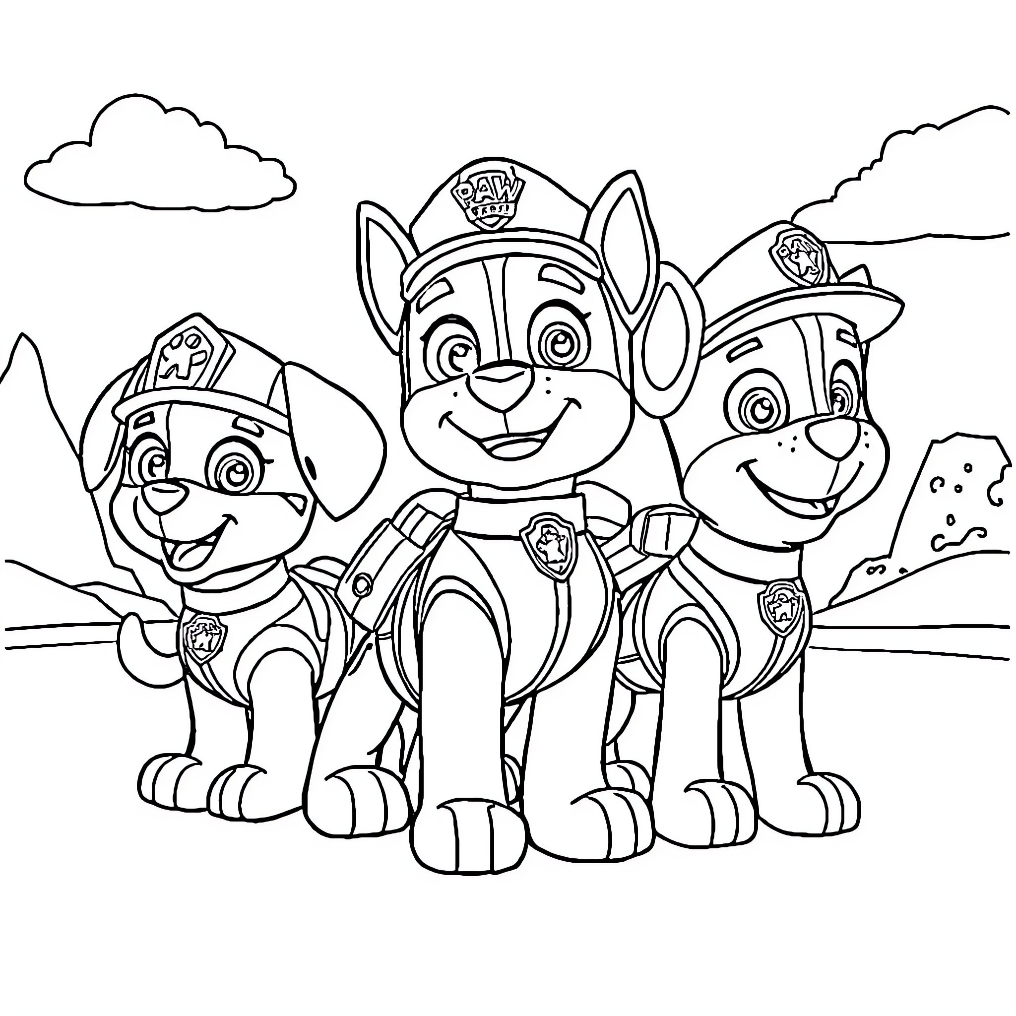 Paw Patrol Rescue Pups in Action Coloring Page (free black-and-white line drawing printable PDF for all, from beginners to advanced learners, including children, teens, adults, and seniors)