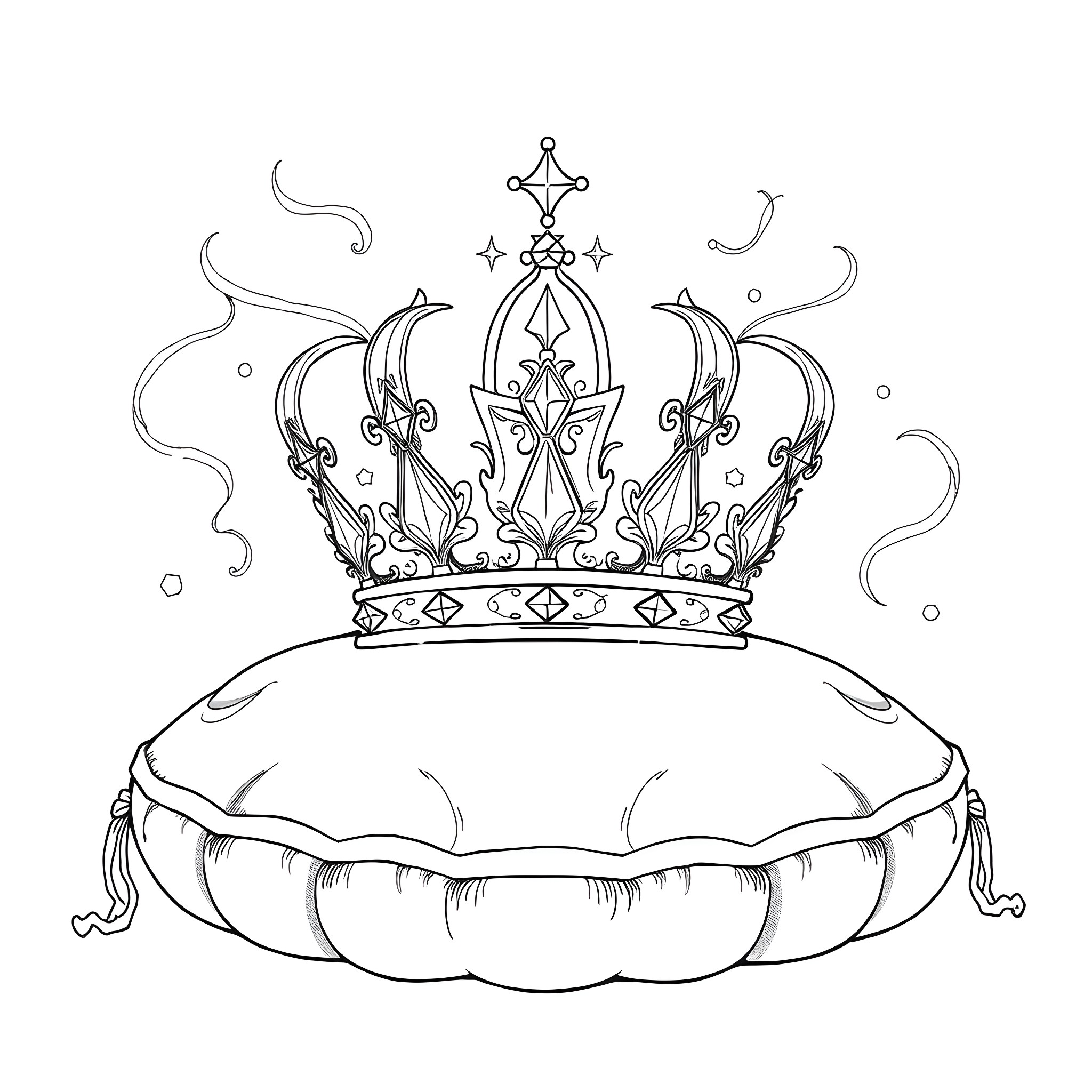 Aurora's Enchanted Crown on Plush Pillow Coloring Page (free black-and-white line drawing printable PDF for all, from beginners to advanced learners, including children, teens, adults, and seniors)
