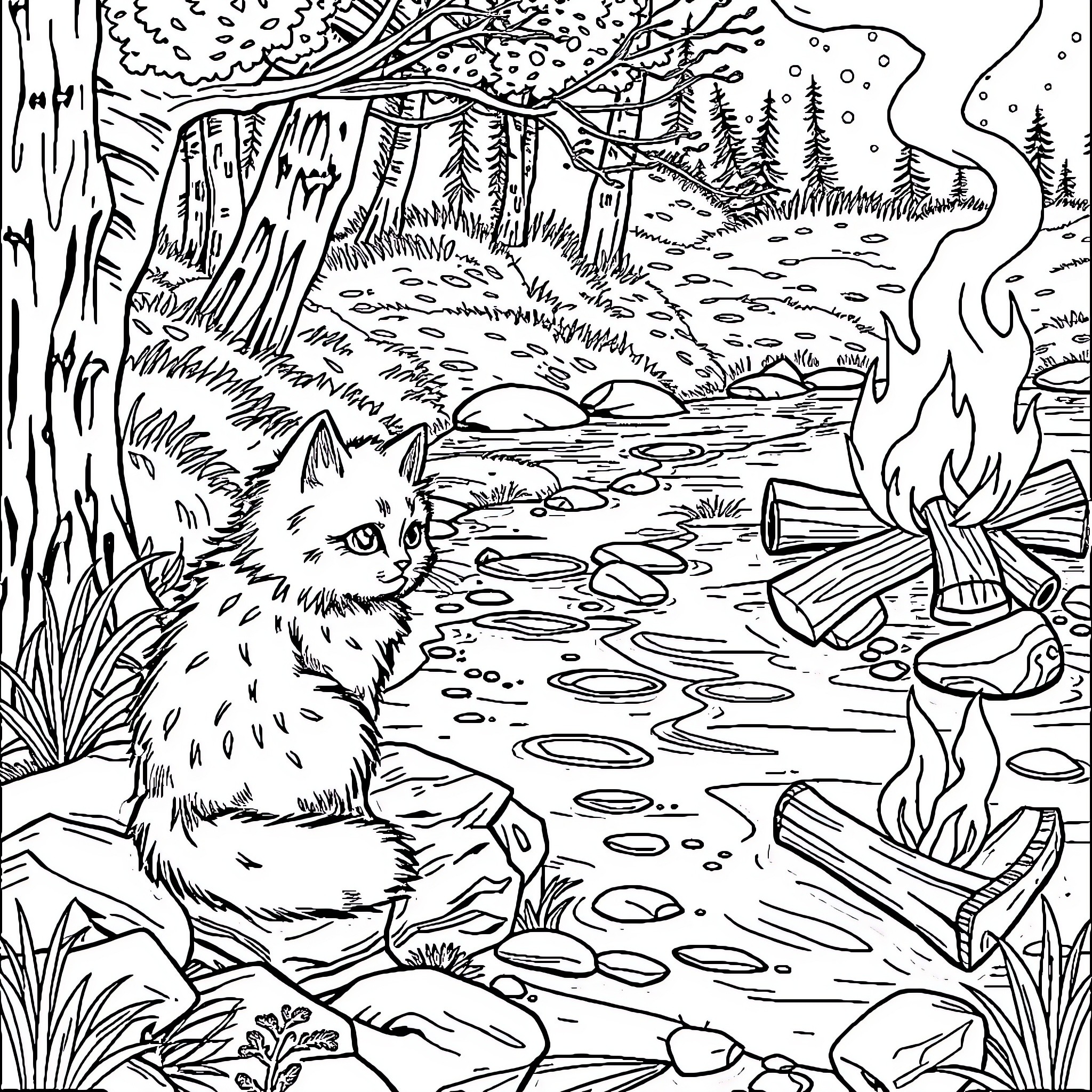 Cat in a Cozy Forest Scene Coloring Page (free black-and-white line drawing printable PDF for all, from beginners to advanced learners, including children, teens, adults, and seniors)