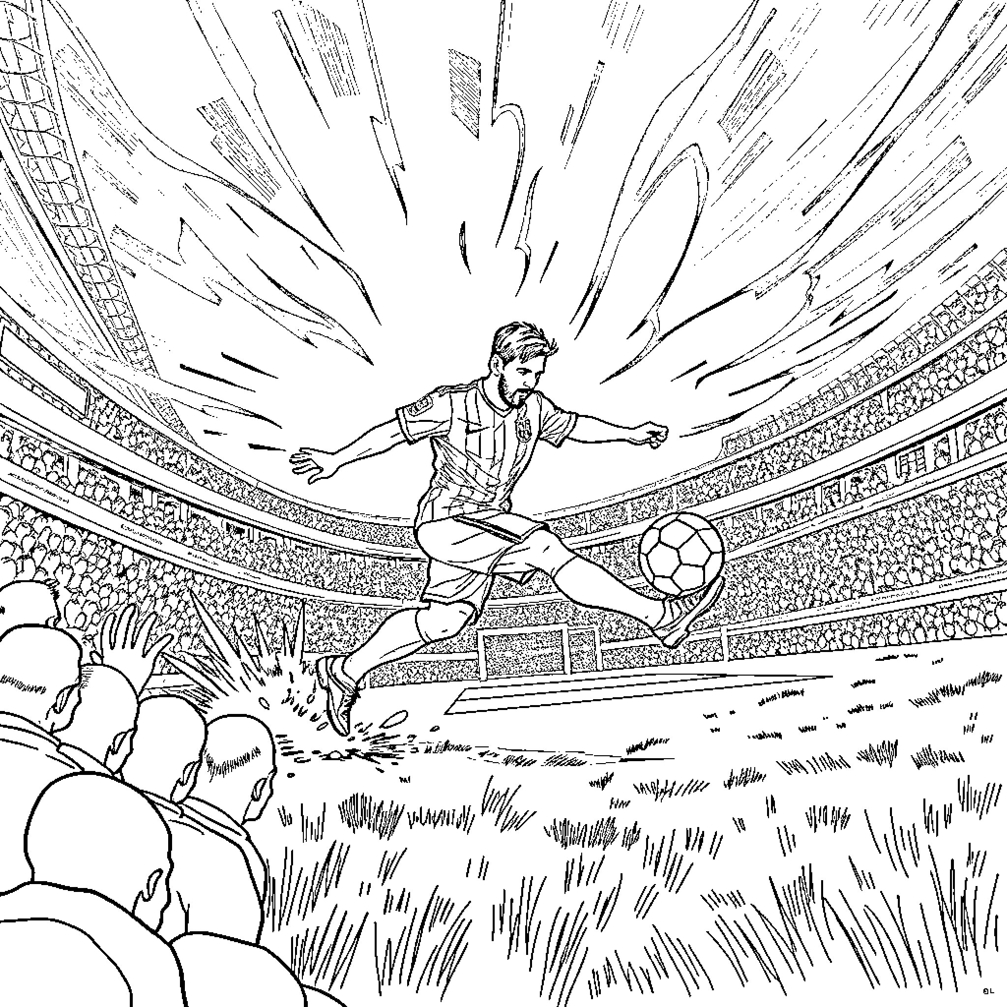 Messi scoring a goal in a dramatic stadium Coloring Page (free black-and-white line drawing printable PDF for all, from beginners to advanced learners, including children, teens, adults, and seniors)