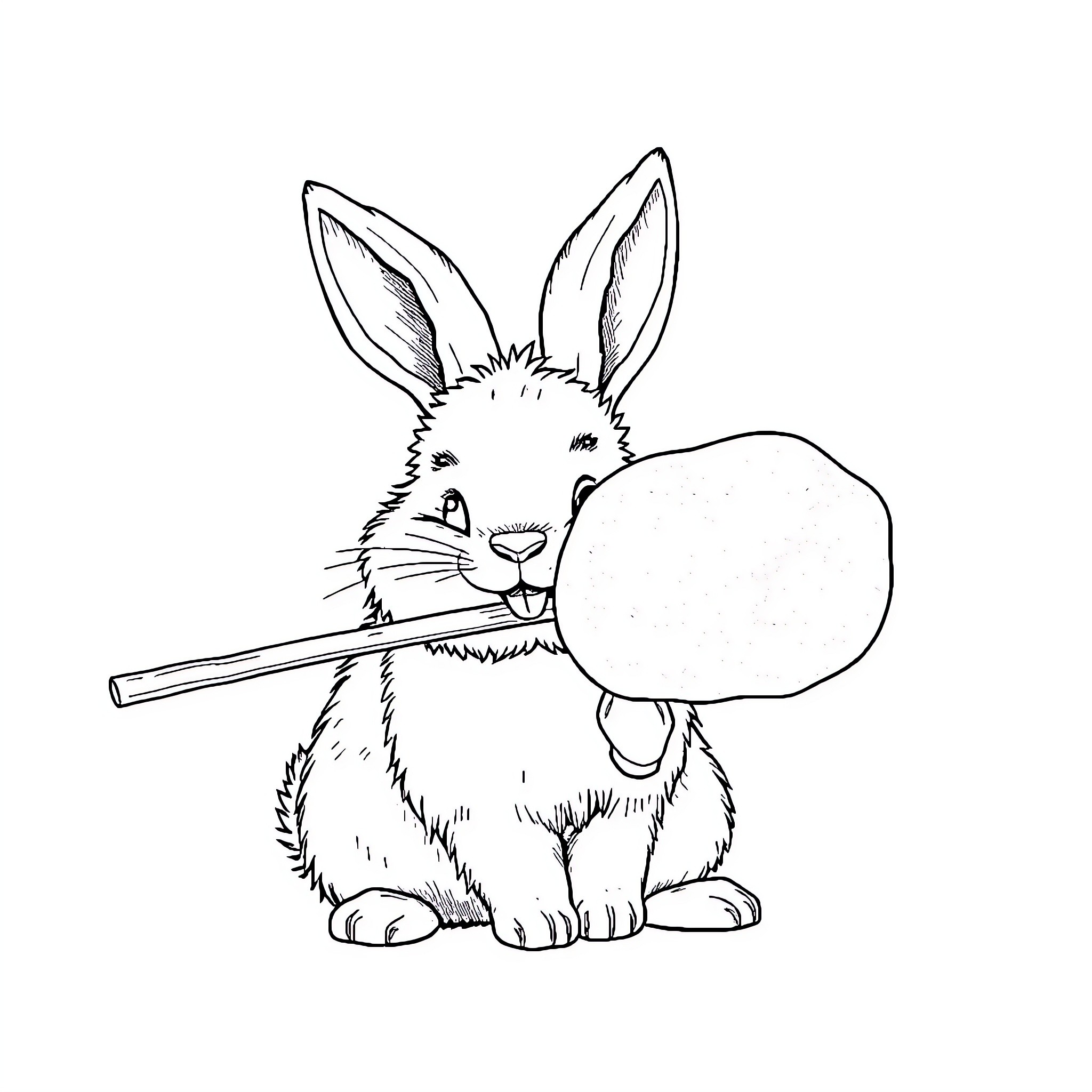 Bunny Blowing Bubble with Stick Coloring Page (free black-and-white line drawing printable PDF for all, from beginners to advanced learners, including children, teens, adults, and seniors)