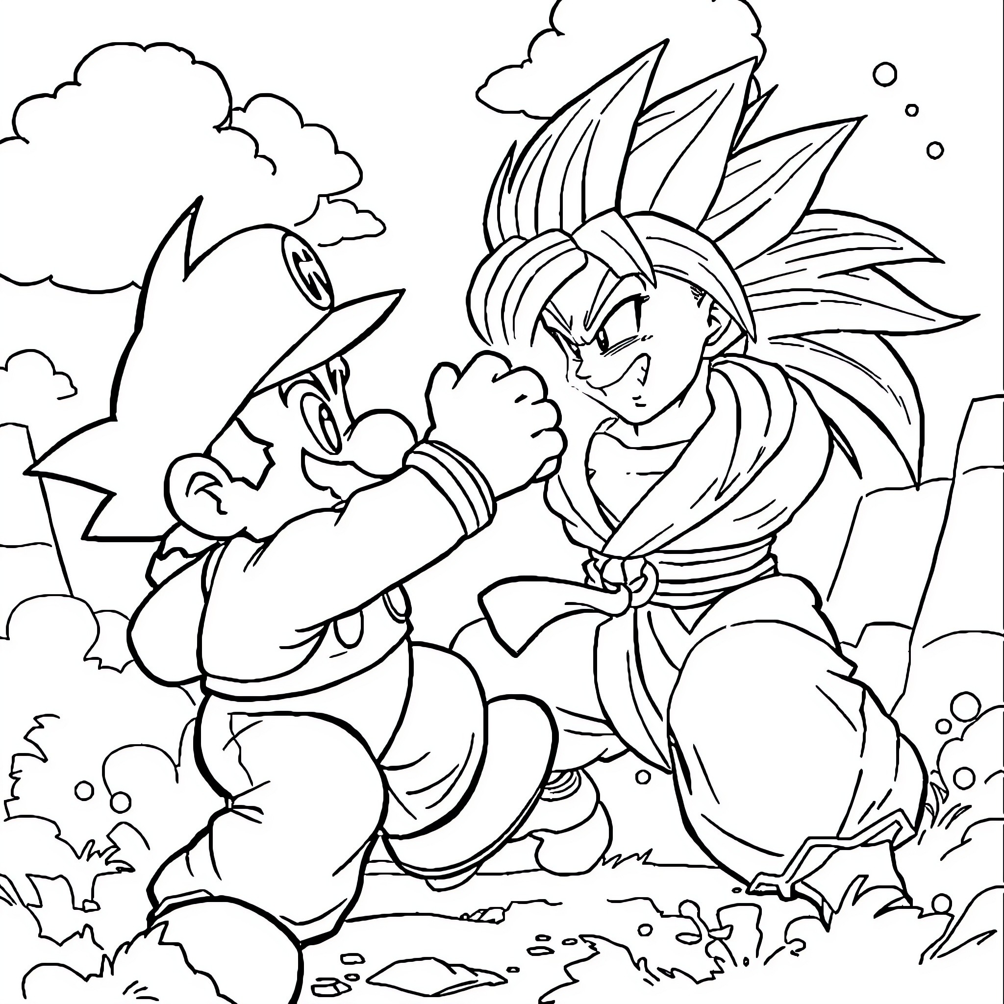 Mario and Goku Facing Off in an Epic Battle Coloring Page (free black-and-white line drawing printable PDF for all, from beginners to advanced learners, including children, teens, adults, and seniors)