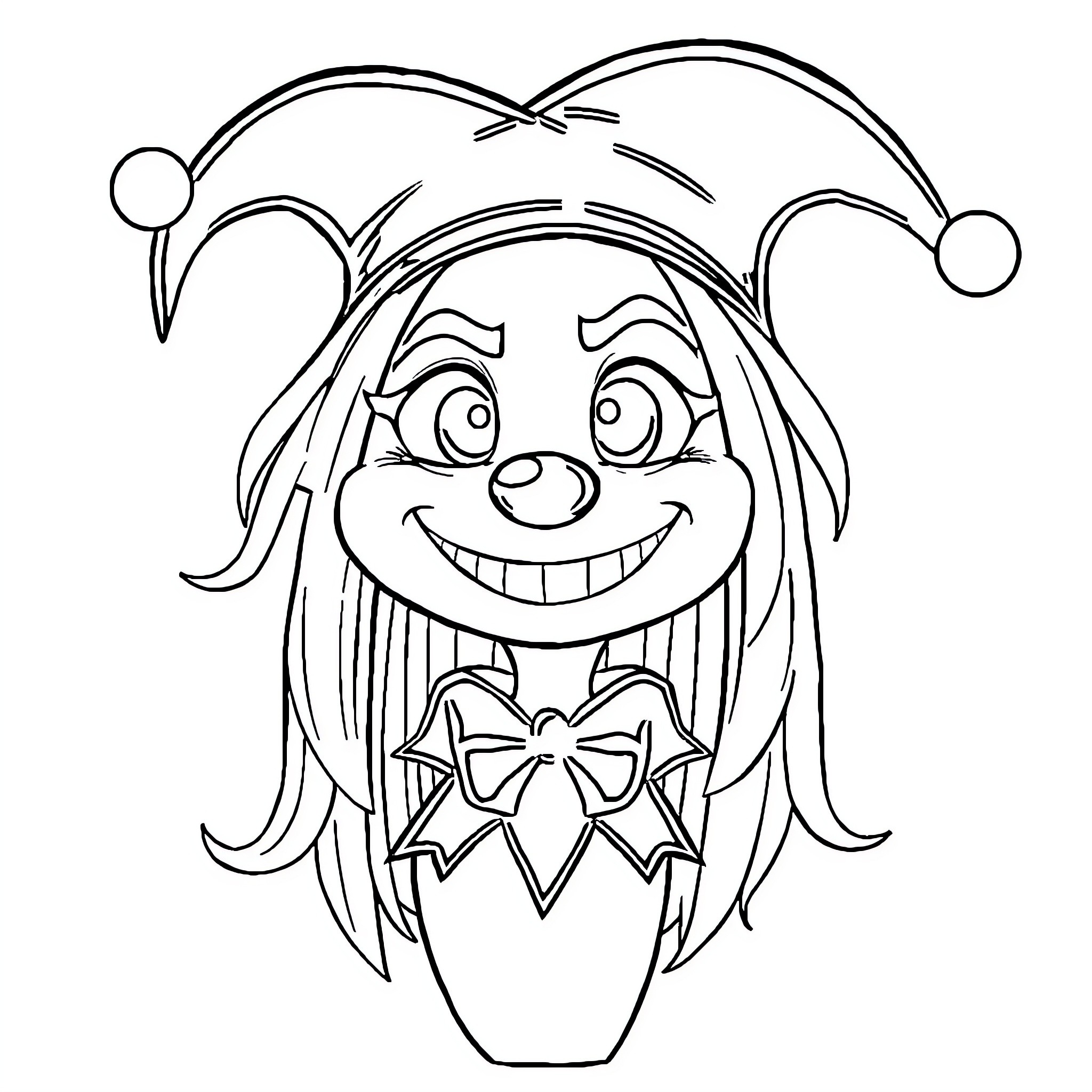 Kuromi's Jester Smile Coloring Page (free black-and-white line drawing printable PDF for all, from beginners to advanced learners, including children, teens, adults, and seniors)