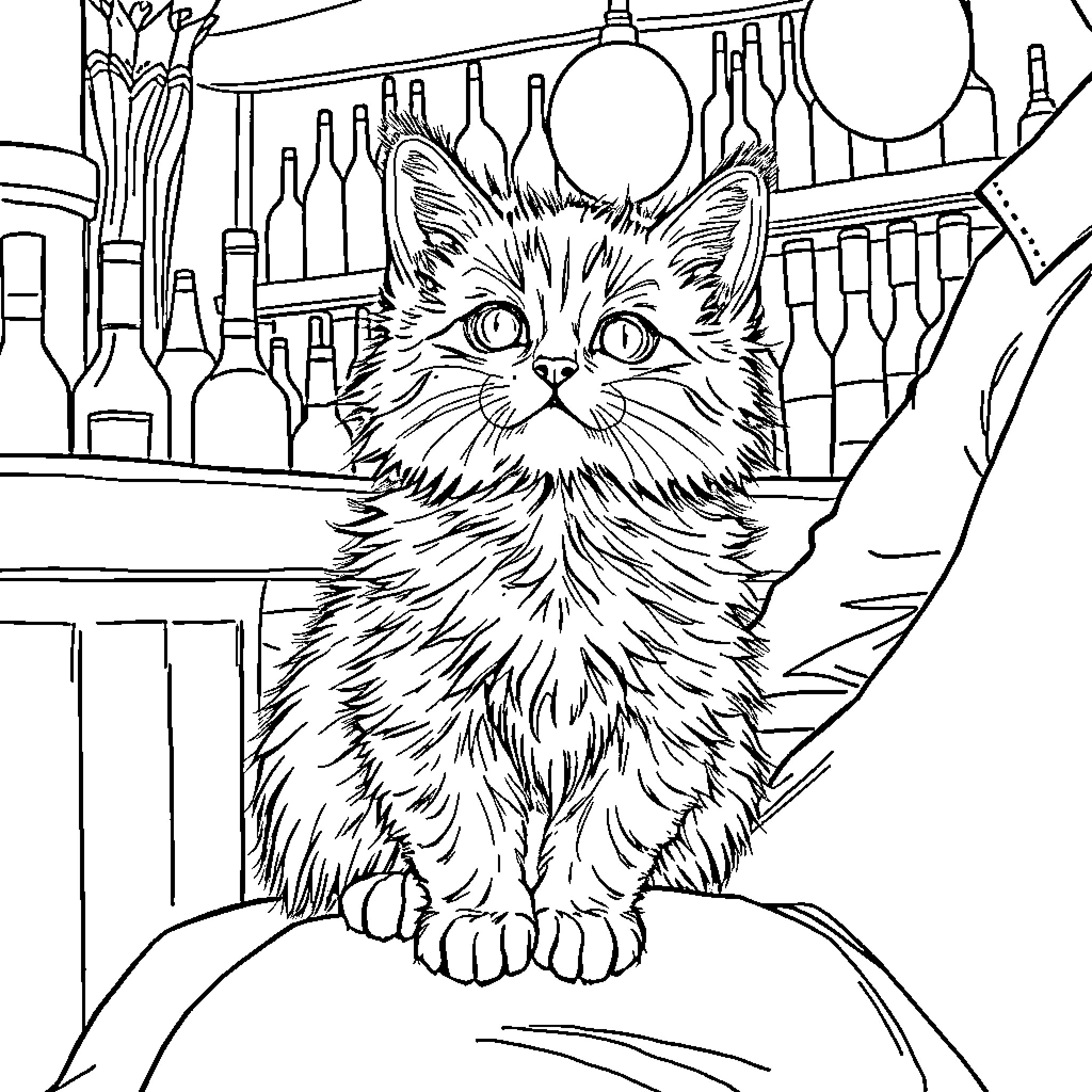 Kitten exploring the bar scene Coloring Page (free black-and-white line drawing printable PDF for all, from beginners to advanced learners, including children, teens, adults, and seniors)