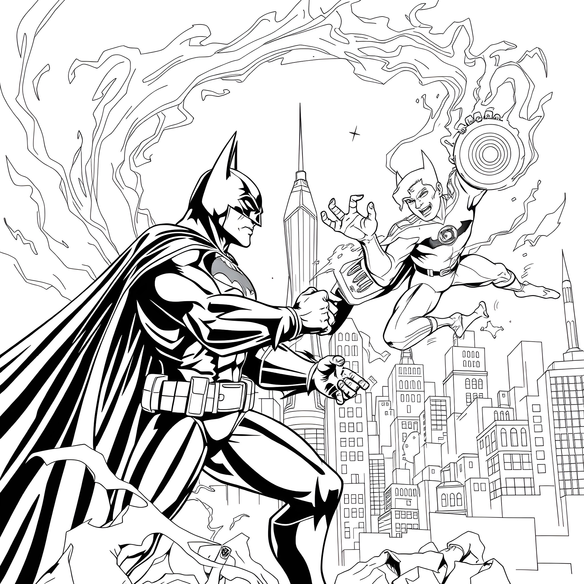 Batman fighting an enemy in a city skyline Coloring Page (free black-and-white line drawing printable PDF for all, from beginners to advanced learners, including children, teens, adults, and seniors)