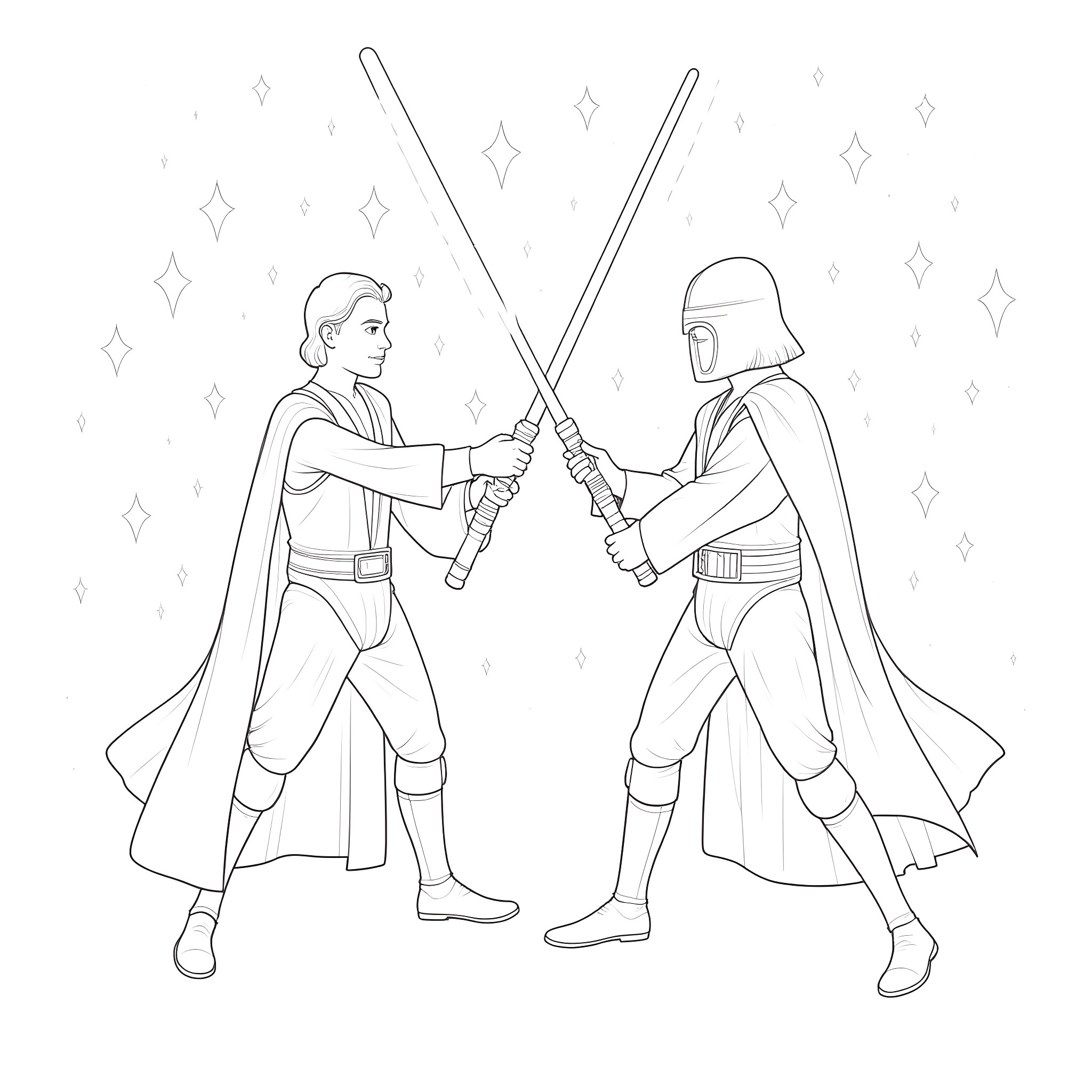 Jedi knights engage in a lightsaber duel Coloring Page (free black-and-white line drawing printable PDF for all, from beginners to advanced learners, including children, teens, adults, and seniors)