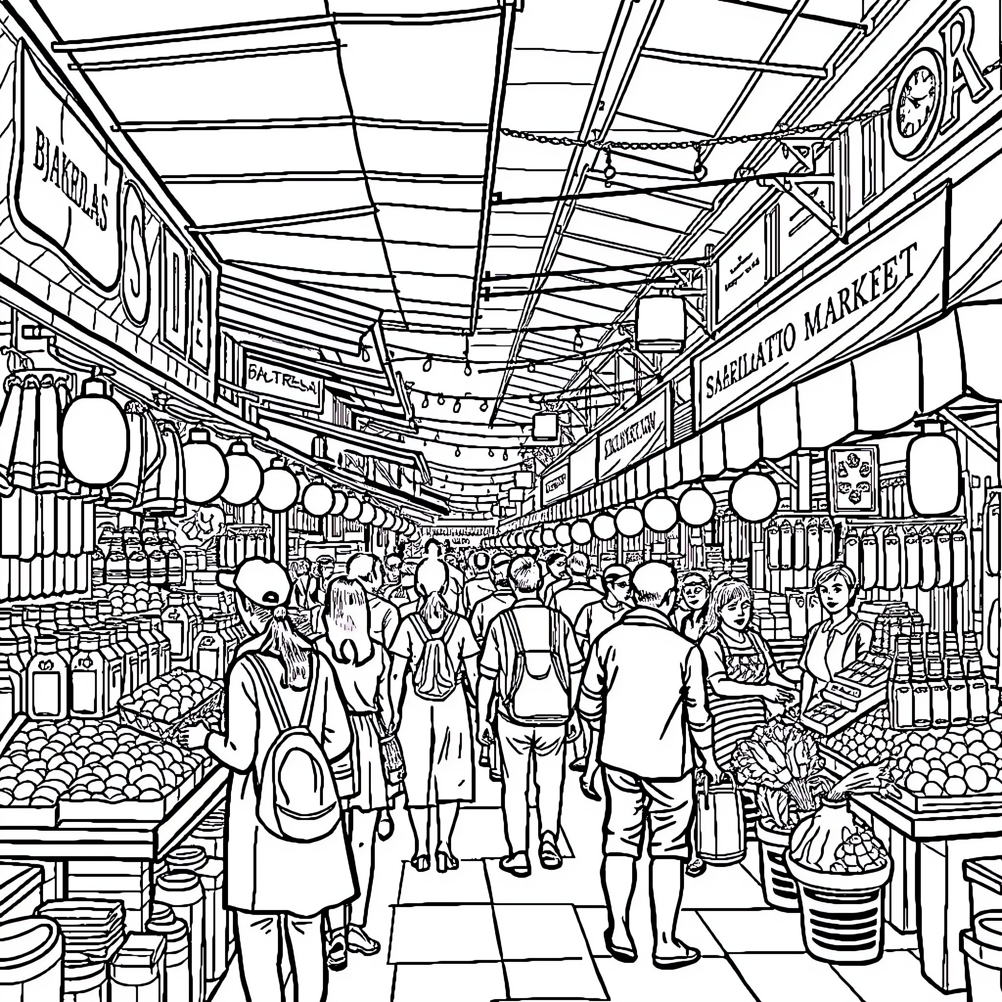 Market bustling with diverse crowd and offerings Coloring Page (free black-and-white line drawing printable PDF for all, from beginners to advanced learners, including children, teens, adults, and seniors)