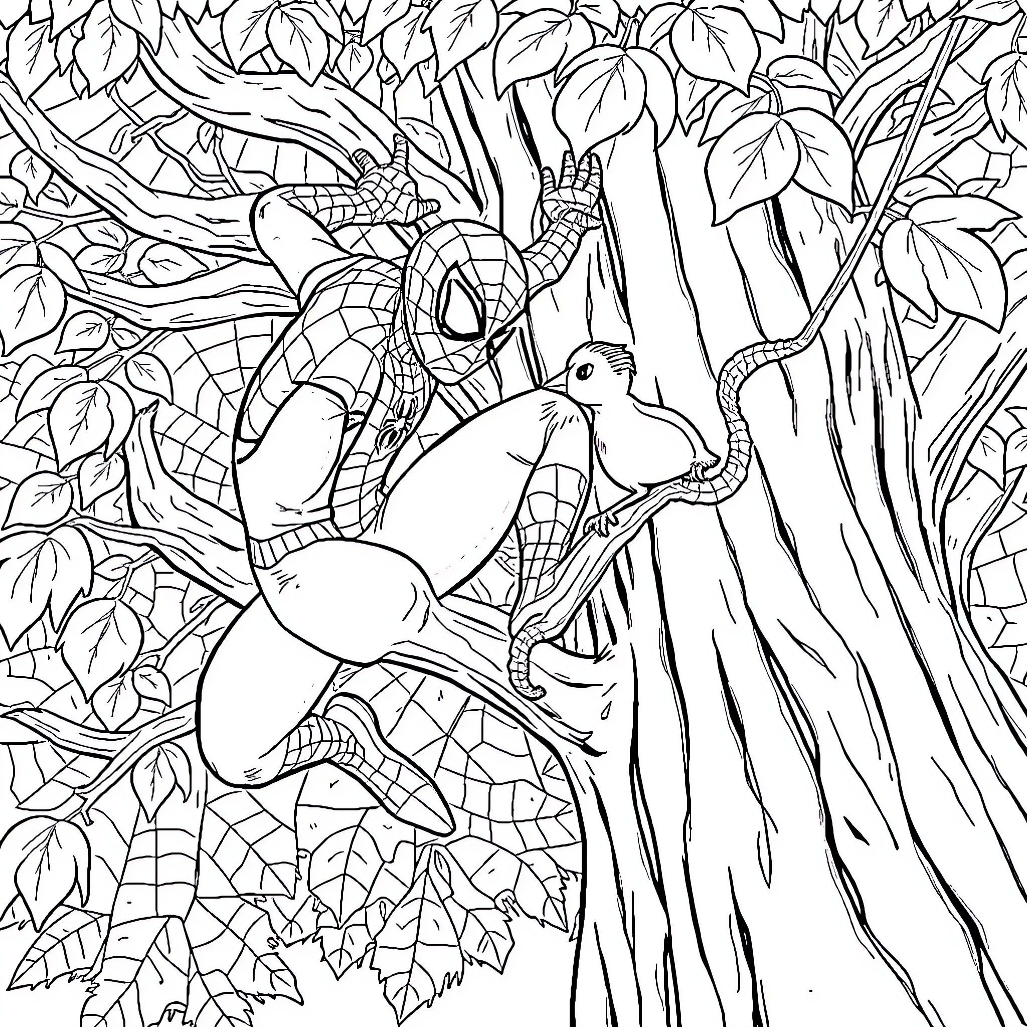 Spiderman swinging through a nature-filled scene Coloring Page (free black-and-white line drawing printable PDF for all, from beginners to advanced learners, including children, teens, adults, and seniors)