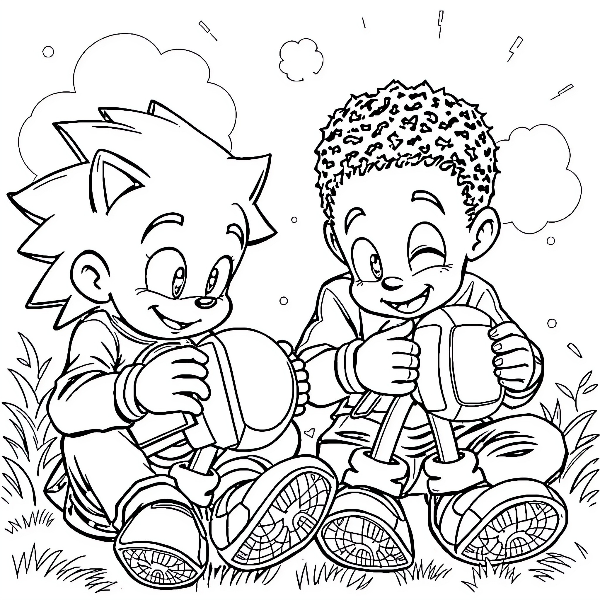 Boy Enjoying a Playful Outdoor Adventure Coloring Page (free black-and-white line drawing printable PDF for all, from beginners to advanced learners, including children, teens, adults, and seniors)