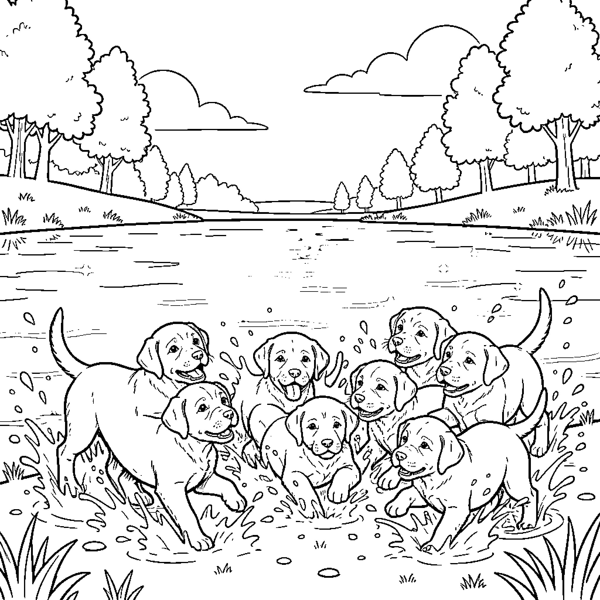 Labrador puppies playing joyfully in the countryside Coloring Page (free black-and-white line drawing printable PDF for all, from beginners to advanced learners, including children, teens, adults, and seniors)