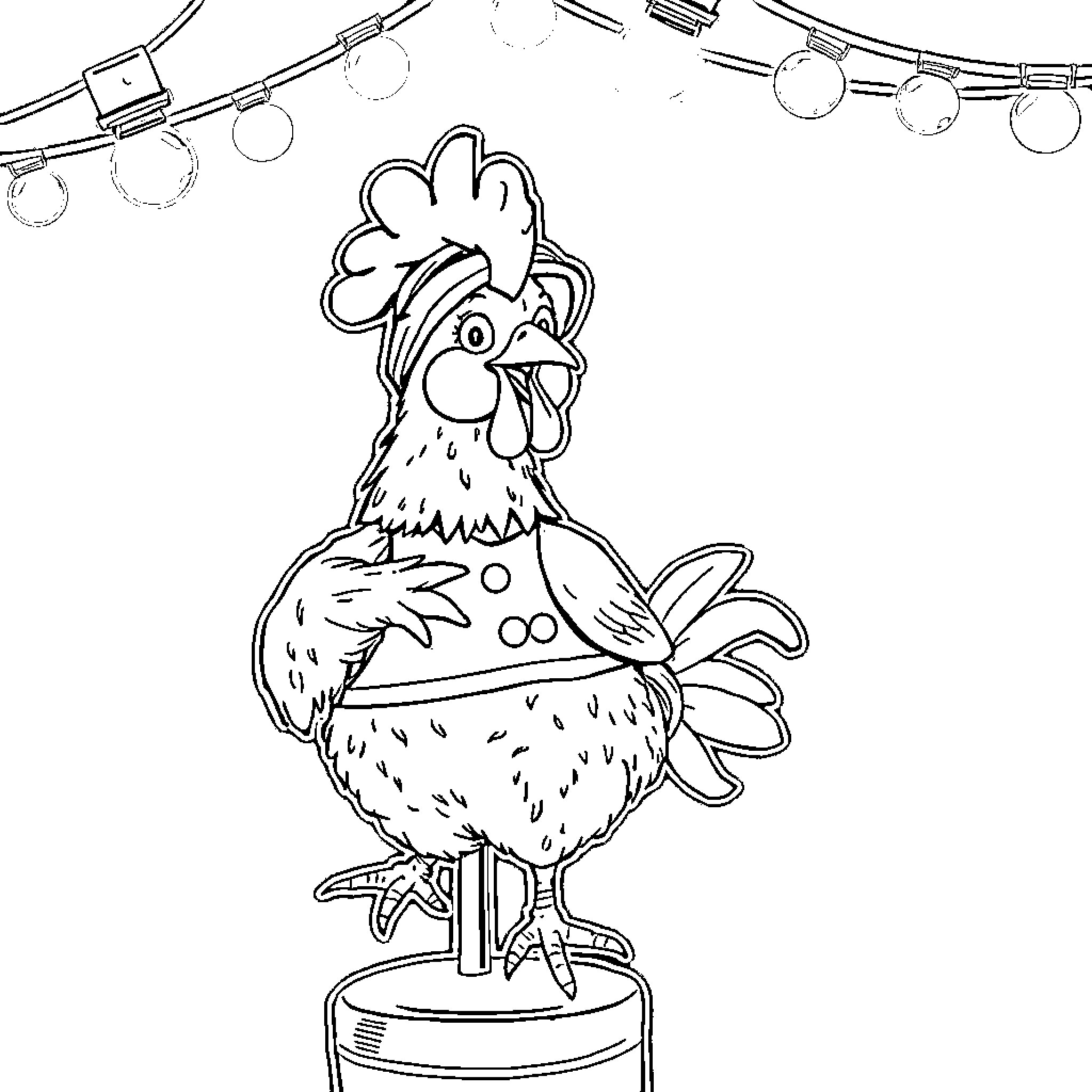 Chicken standing on a pedestal under string lights Coloring Page (free black-and-white line drawing printable PDF for all, from beginners to advanced learners, including children, teens, adults, and seniors)