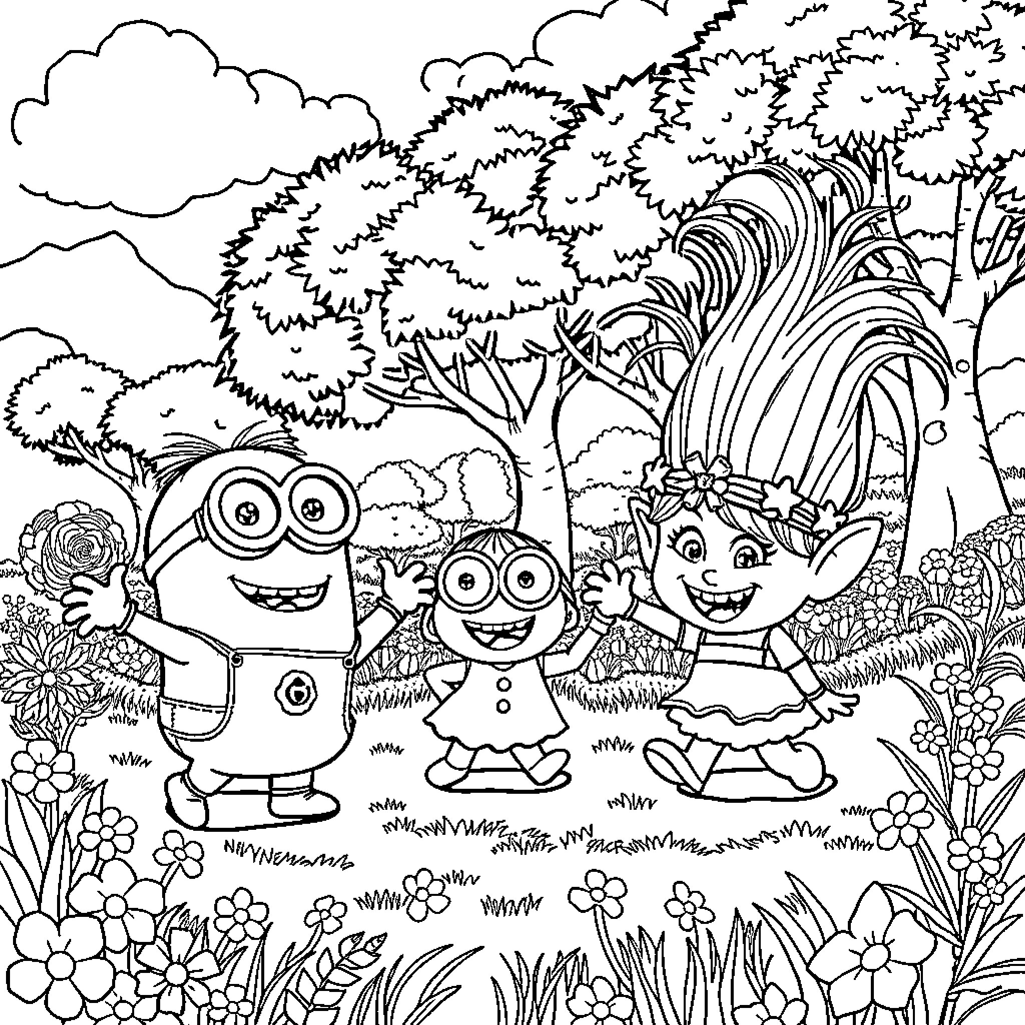 Minions playing cheerfully in the forest Coloring Page (free black-and-white line drawing printable PDF for all, from beginners to advanced learners, including children, teens, adults, and seniors)