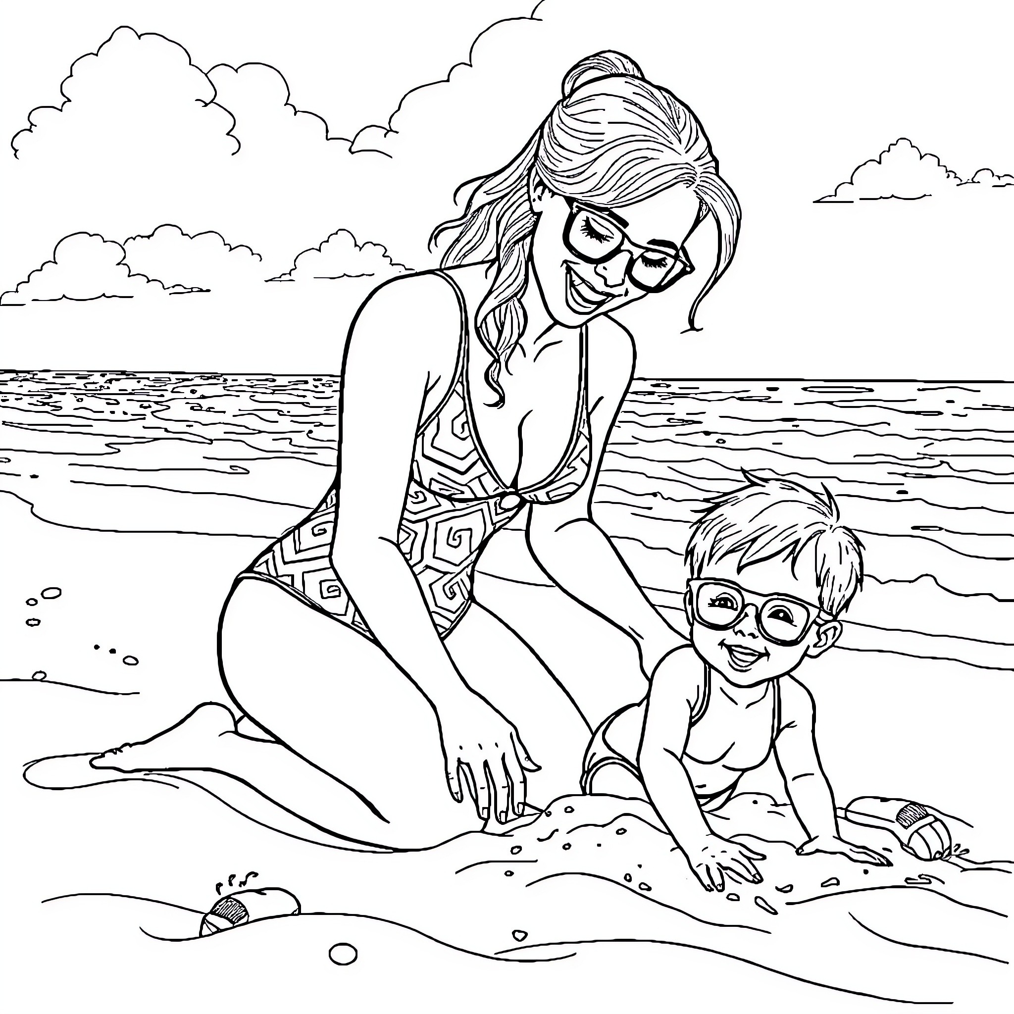 Mom and child playing on the beach Coloring Page (free black-and-white line drawing printable PDF for all, from beginners to advanced learners, including children, teens, adults, and seniors)