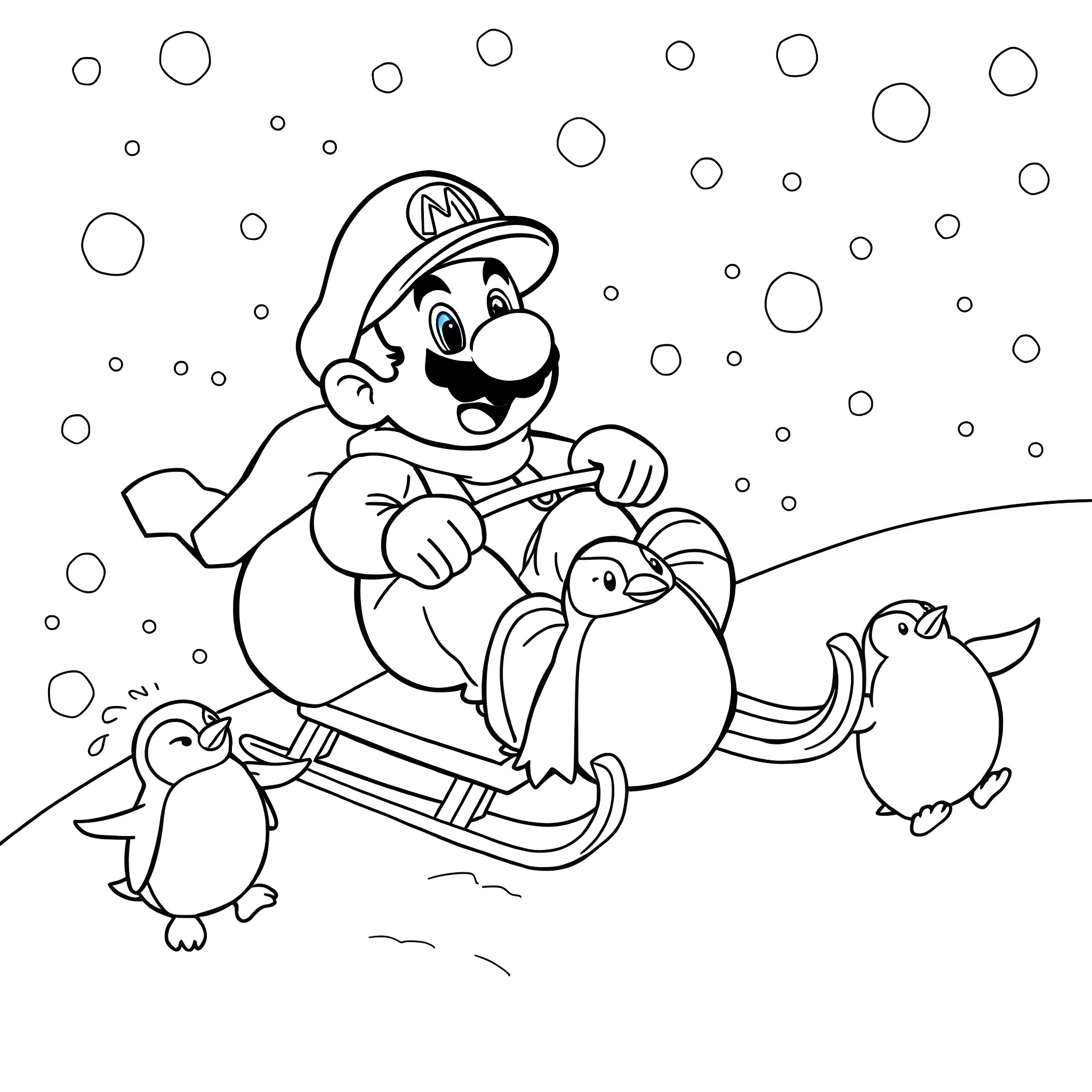 Mario sledding with penguins in the snow Coloring Page (free black-and-white line drawing printable PDF for all, from beginners to advanced learners, including children, teens, adults, and seniors)