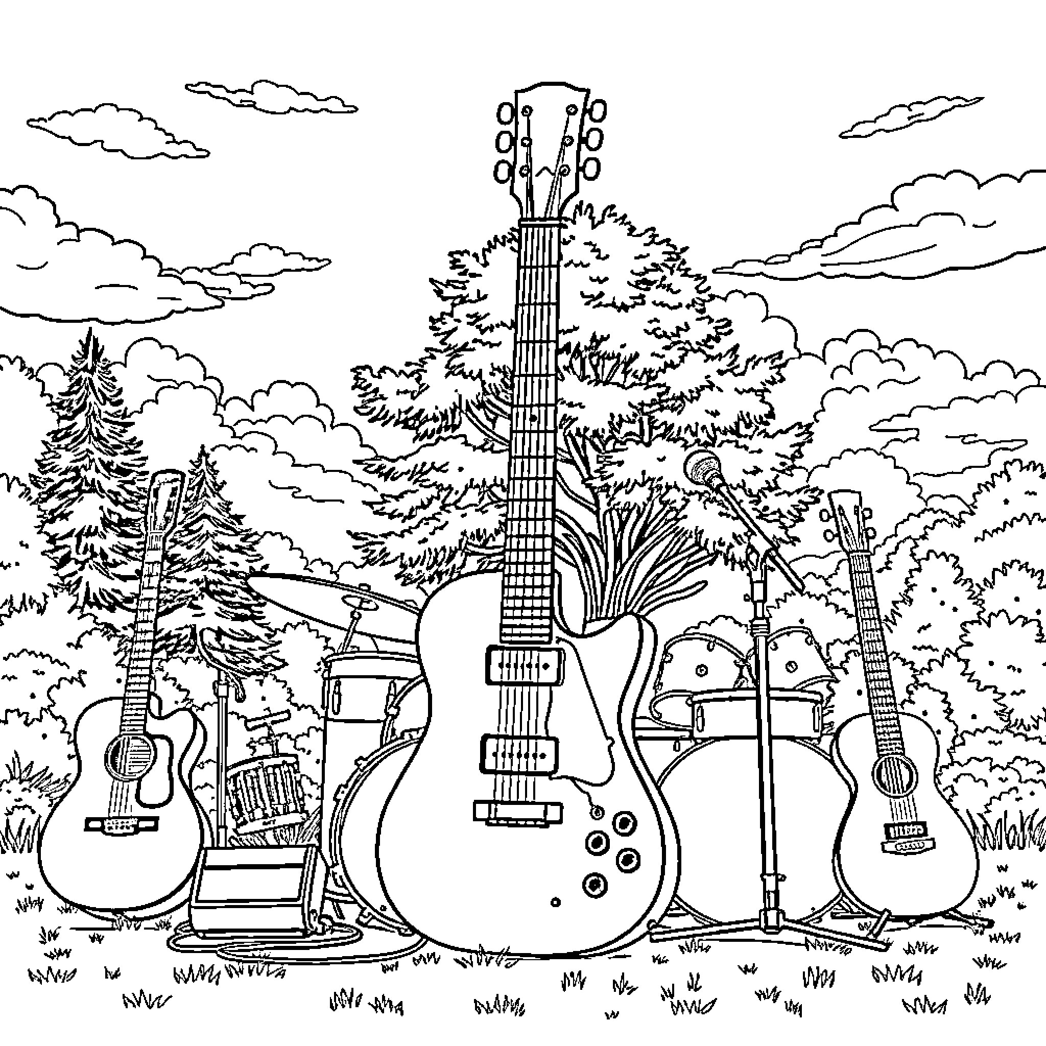 Guitar Instruments Amid Nature Scenery Coloring Page (free black-and-white line drawing printable PDF for all, from beginners to advanced learners, including children, teens, adults, and seniors)