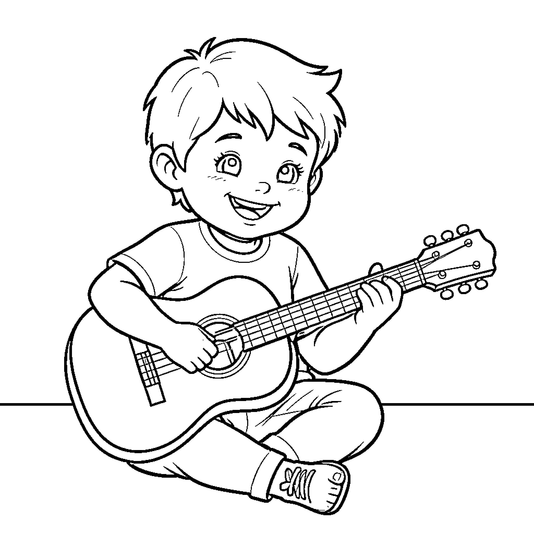 Niño playing guitar happily Coloring Page (free black-and-white line drawing printable PDF for all, from beginners to advanced learners, including children, teens, adults, and seniors)