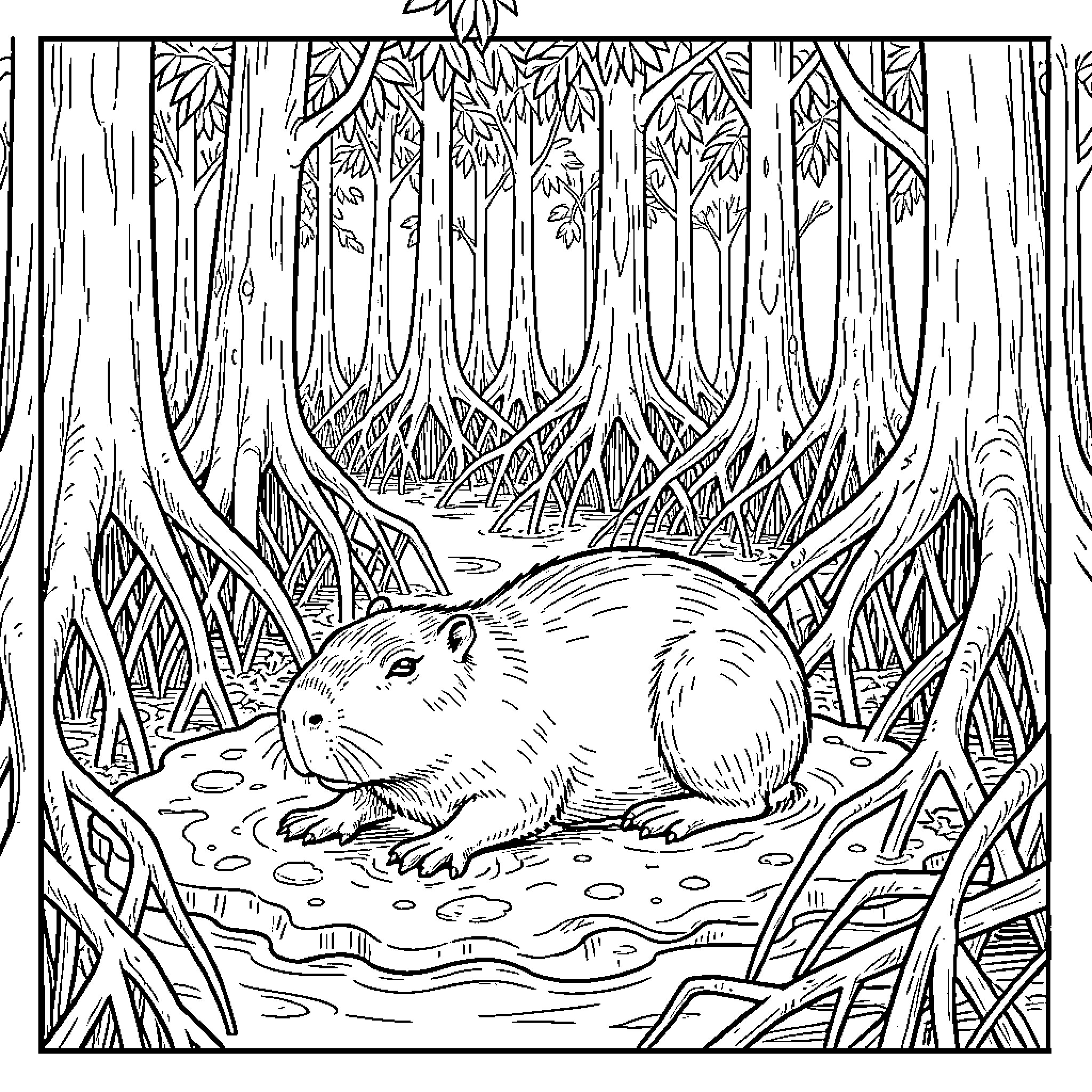 Capybara resting peacefully in a mangrove forest Coloring Page (free black-and-white line drawing printable PDF for all, from beginners to advanced learners, including children, teens, adults, and seniors)