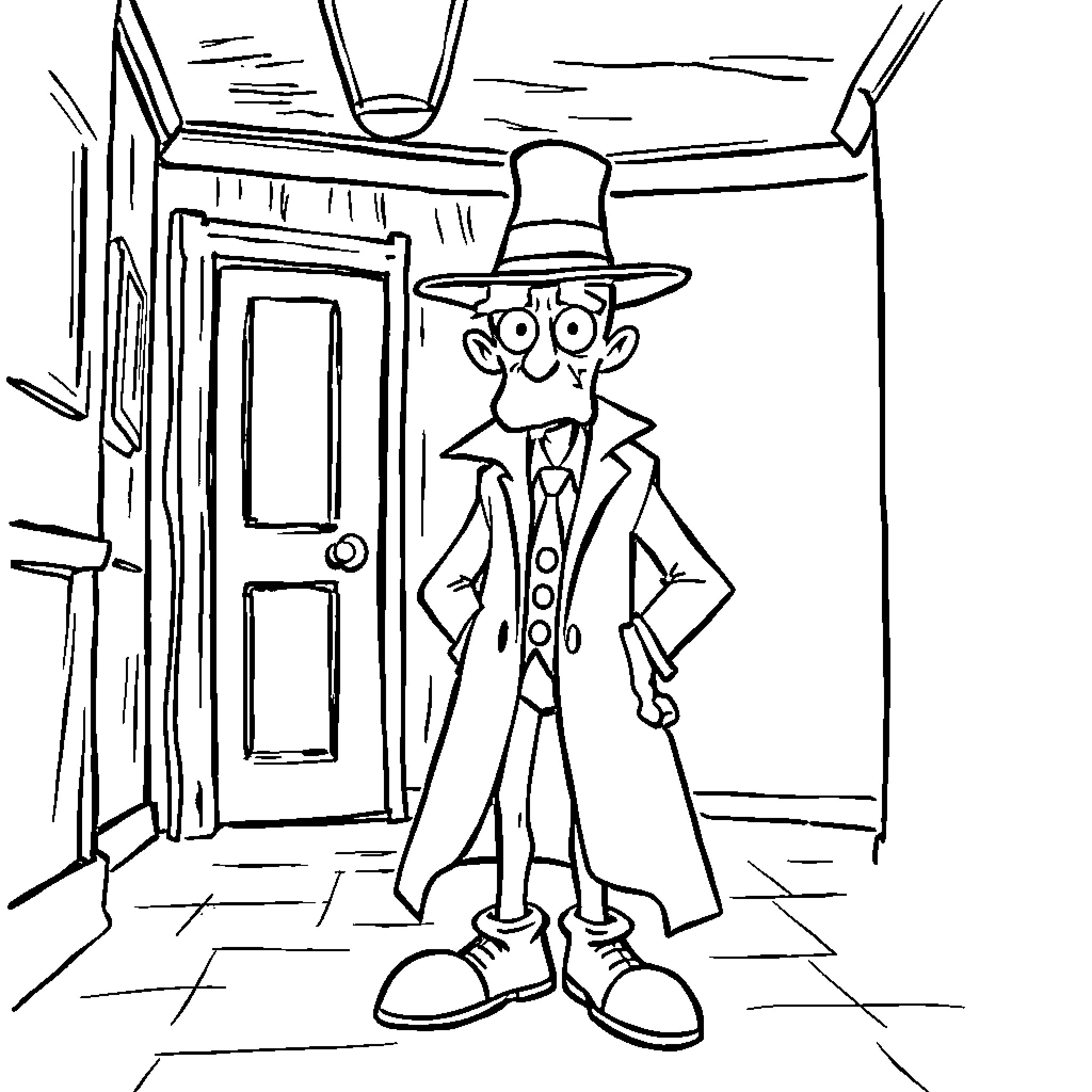 Cluedo Character Poses Suspiciously Near Doorway Coloring Page (free black-and-white line drawing printable PDF for all, from beginners to advanced learners, including children, teens, adults, and seniors)