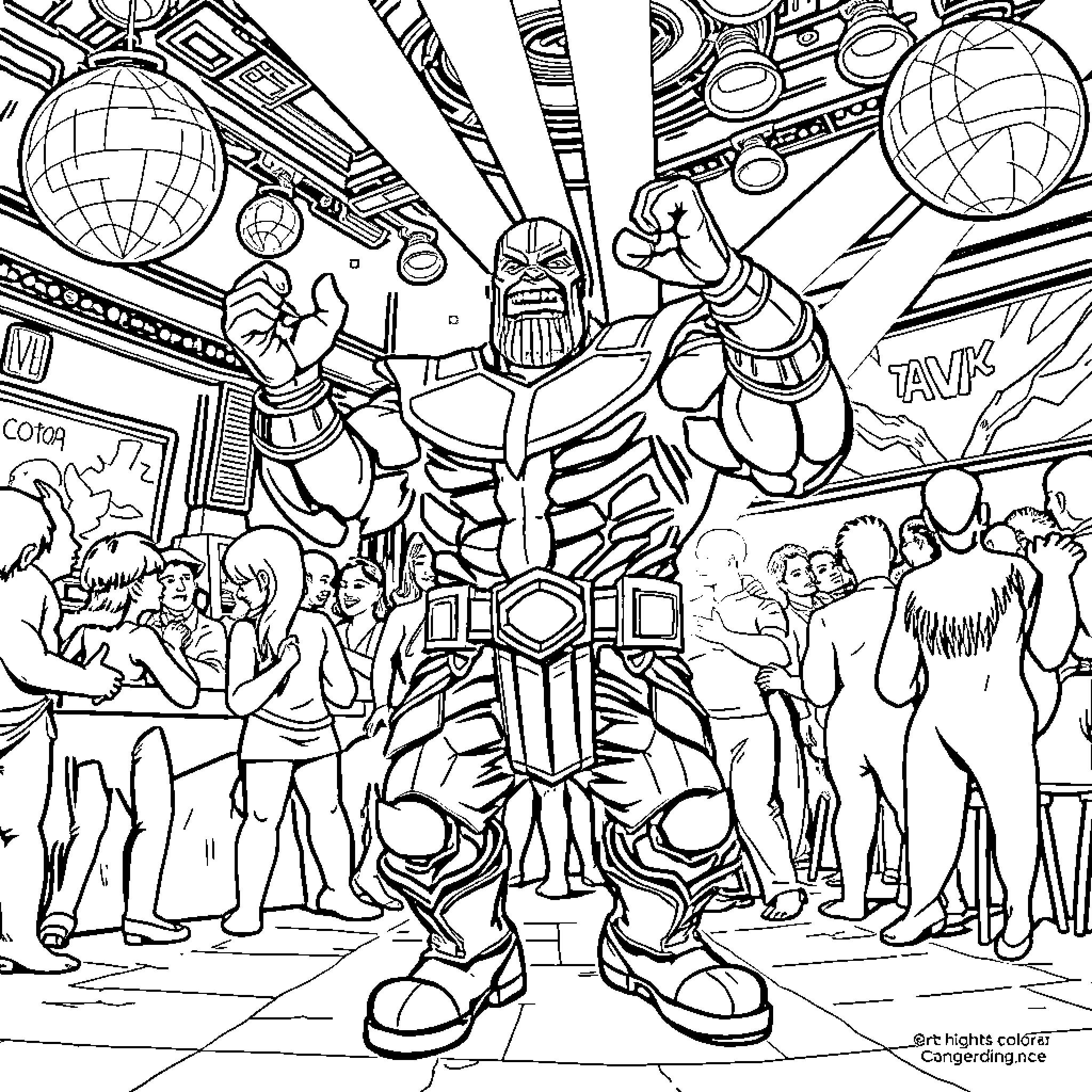Thanos unleashes his power in a chaotic scene Coloring Page (free black-and-white line drawing printable PDF for all, from beginners to advanced learners, including children, teens, adults, and seniors)