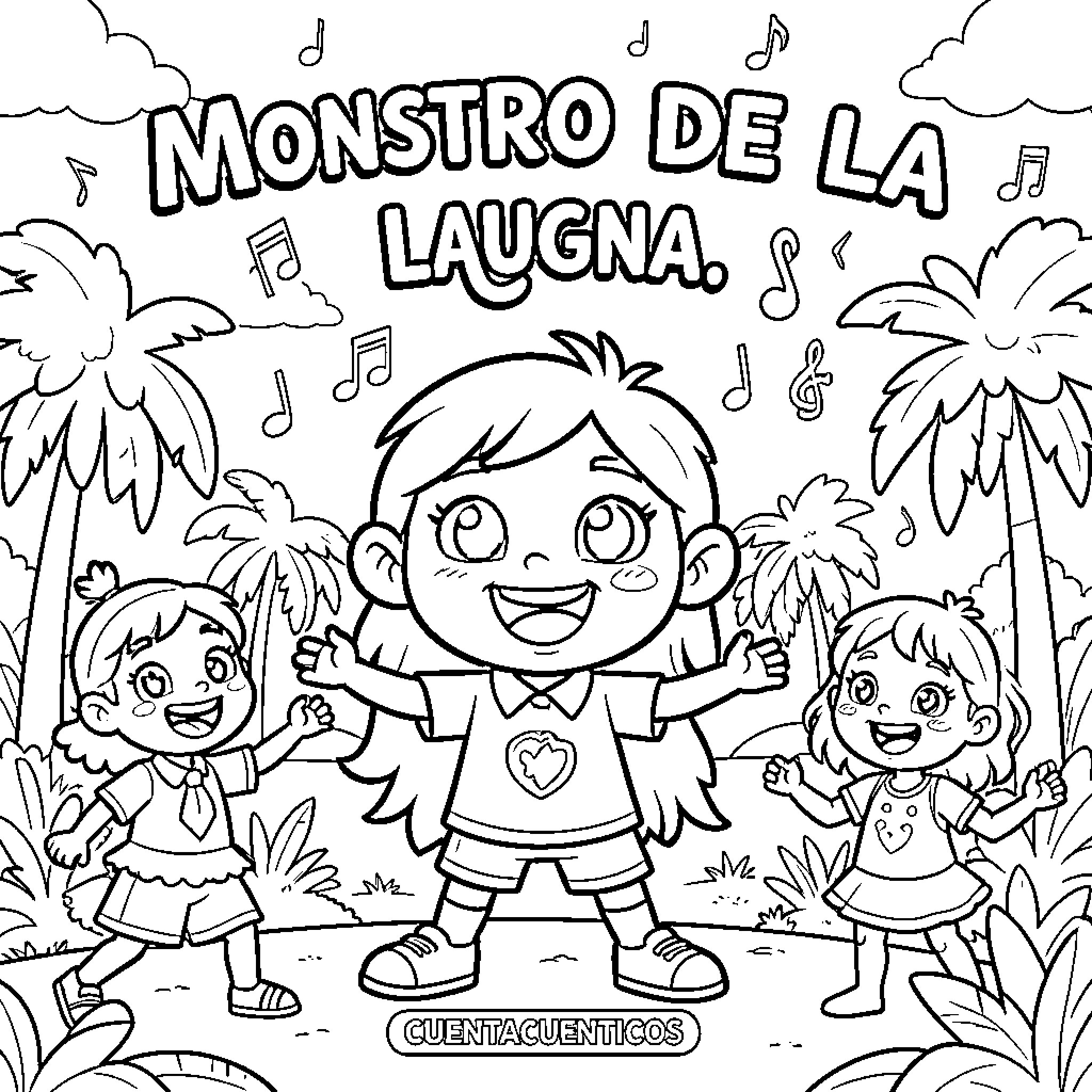 Monstruo de la Laugna: Friendly Characters in Nature Coloring Page (free black-and-white line drawing printable PDF for all, from beginners to advanced learners, including children, teens, adults, and seniors)