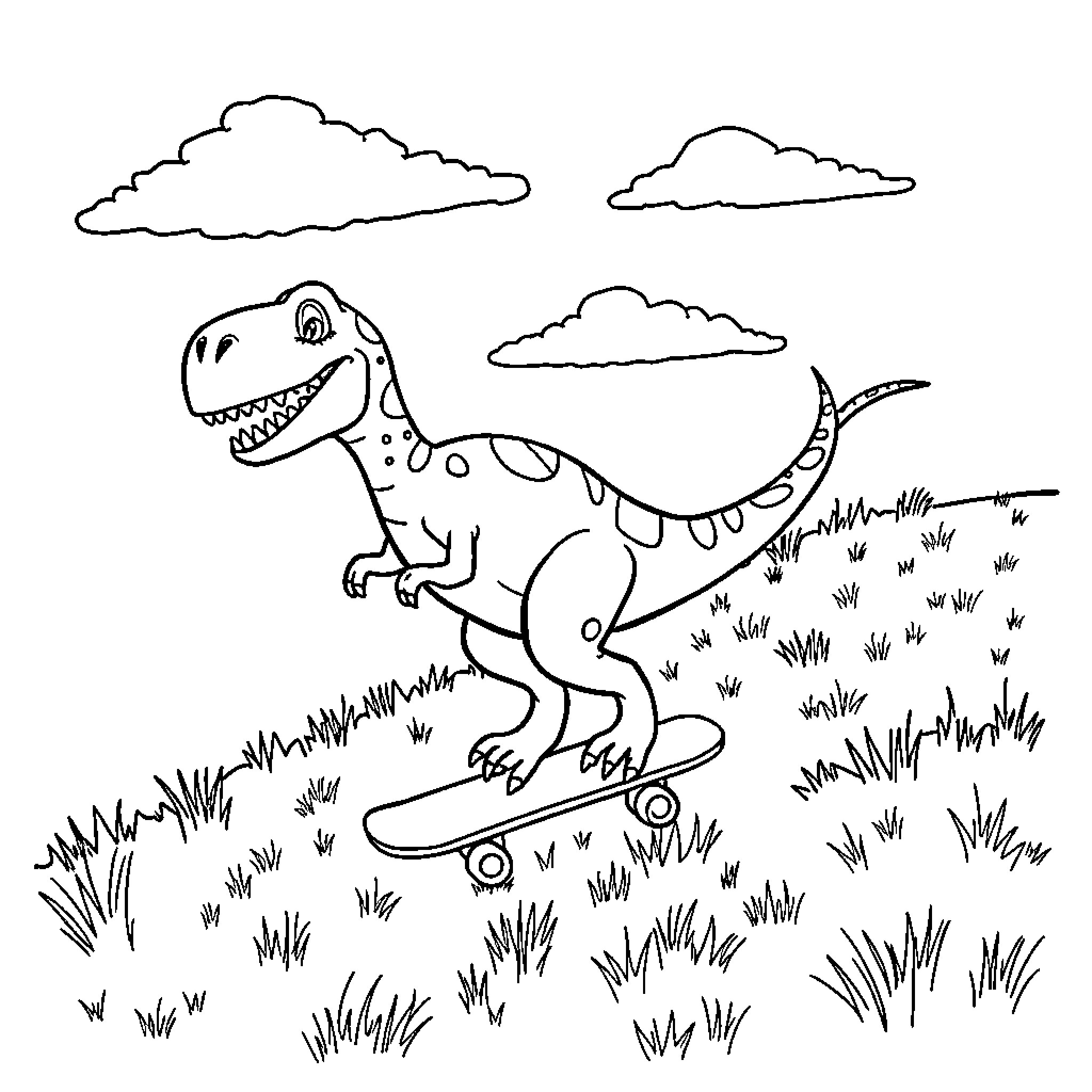 Dinosaur riding skateboard in grassy field Coloring Page (free black-and-white line drawing printable PDF for all, from beginners to advanced learners, including children, teens, adults, and seniors)
