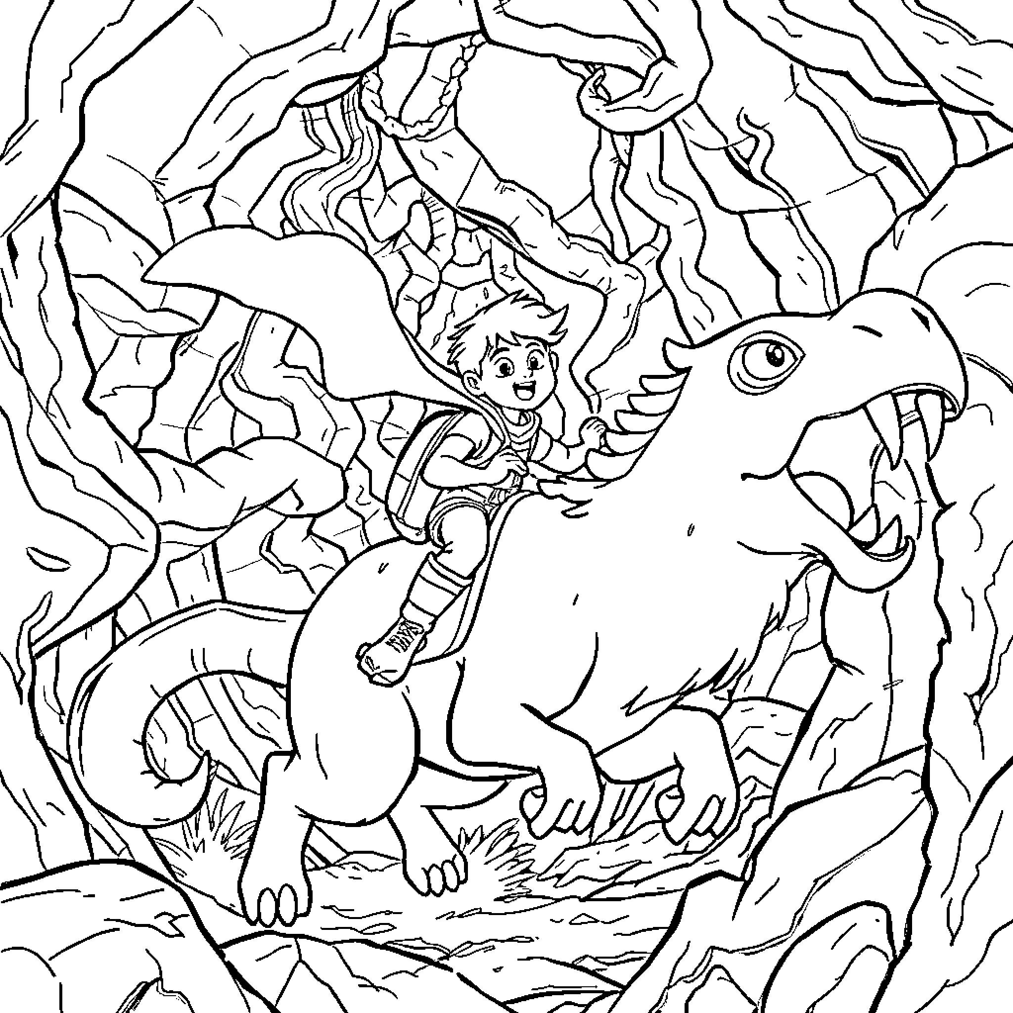 Jarred's Daring Adventure on a Majestic Creature Coloring Page (free black-and-white line drawing printable PDF for all, from beginners to advanced learners, including children, teens, adults, and seniors)