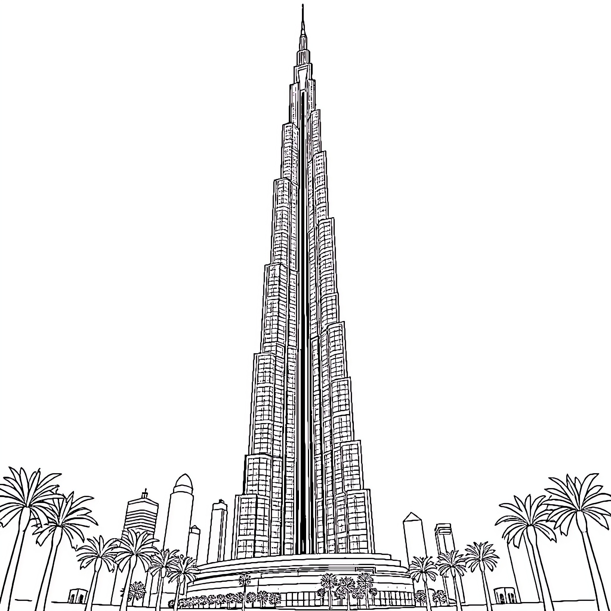 Rascacielos - Iconic Skyscraper Amidst Palms Coloring Page (free black-and-white line drawing printable PDF for all, from beginners to advanced learners, including children, teens, adults, and seniors)
