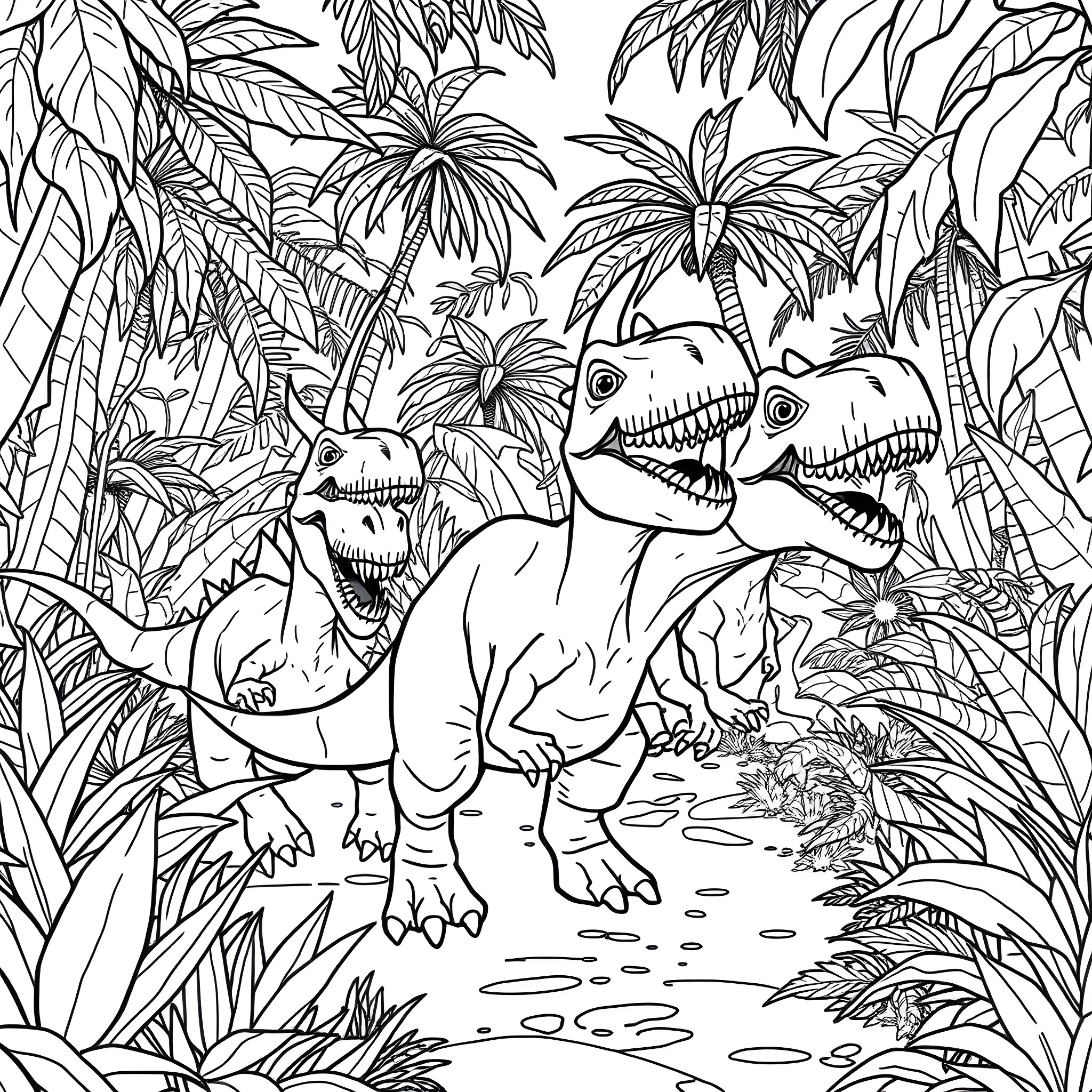 Dinosaurs roaming through the lush tropical jungle Coloring Page (free black-and-white line drawing printable PDF for all, from beginners to advanced learners, including children, teens, adults, and seniors)