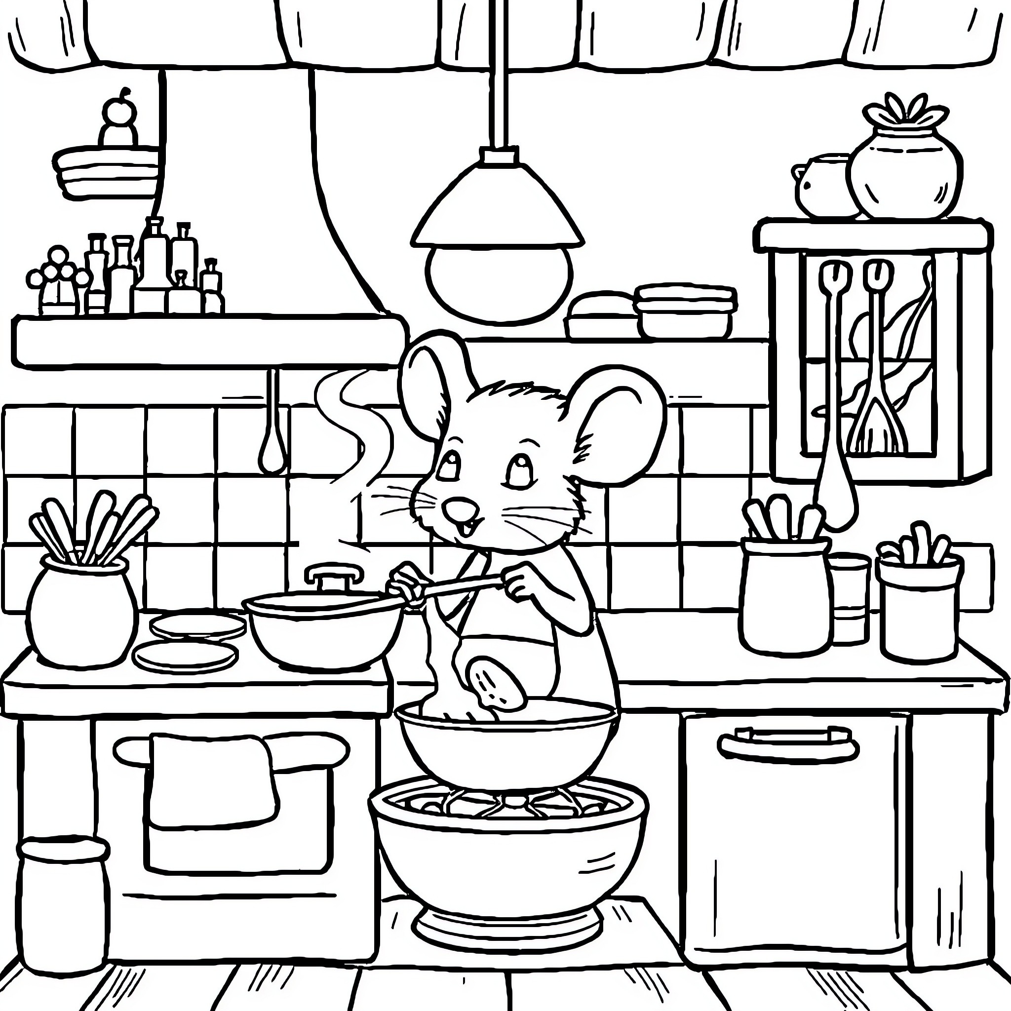 Mouse cooking a meal in the kitchen Coloring Page (free black-and-white line drawing printable PDF for all, from beginners to advanced learners, including children, teens, adults, and seniors)