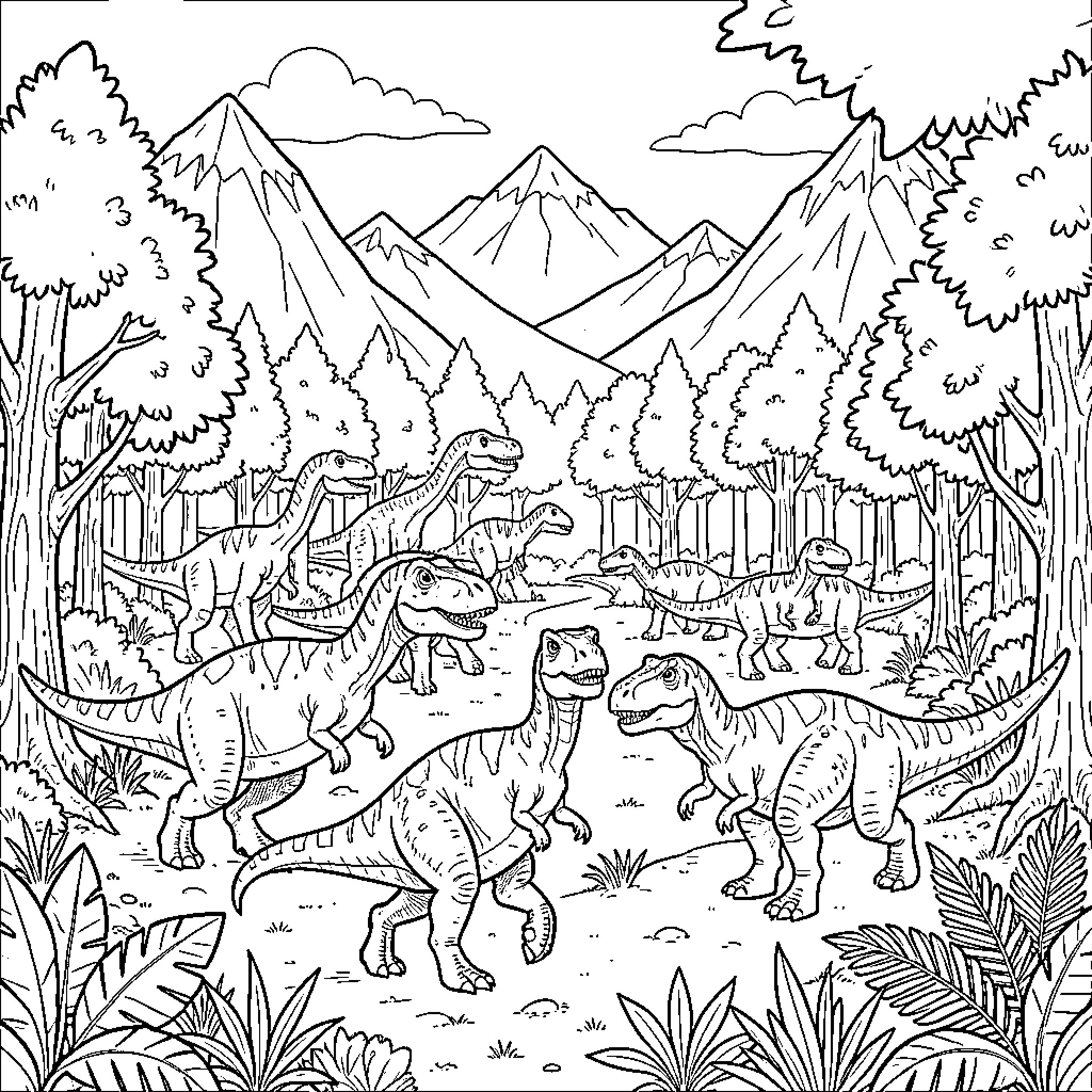 Dinosaur group walking through a prehistoric forest landscape Coloring Page (free black-and-white line drawing printable PDF for all, from beginners to advanced learners, including children, teens, adults, and seniors)