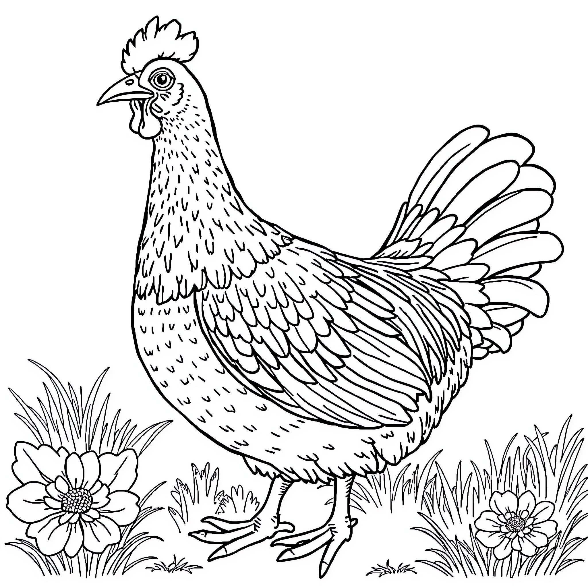 Chicken strutting amidst blooming flowers Coloring Page (free black-and-white line drawing printable PDF for all, from beginners to advanced learners, including children, teens, adults, and seniors)