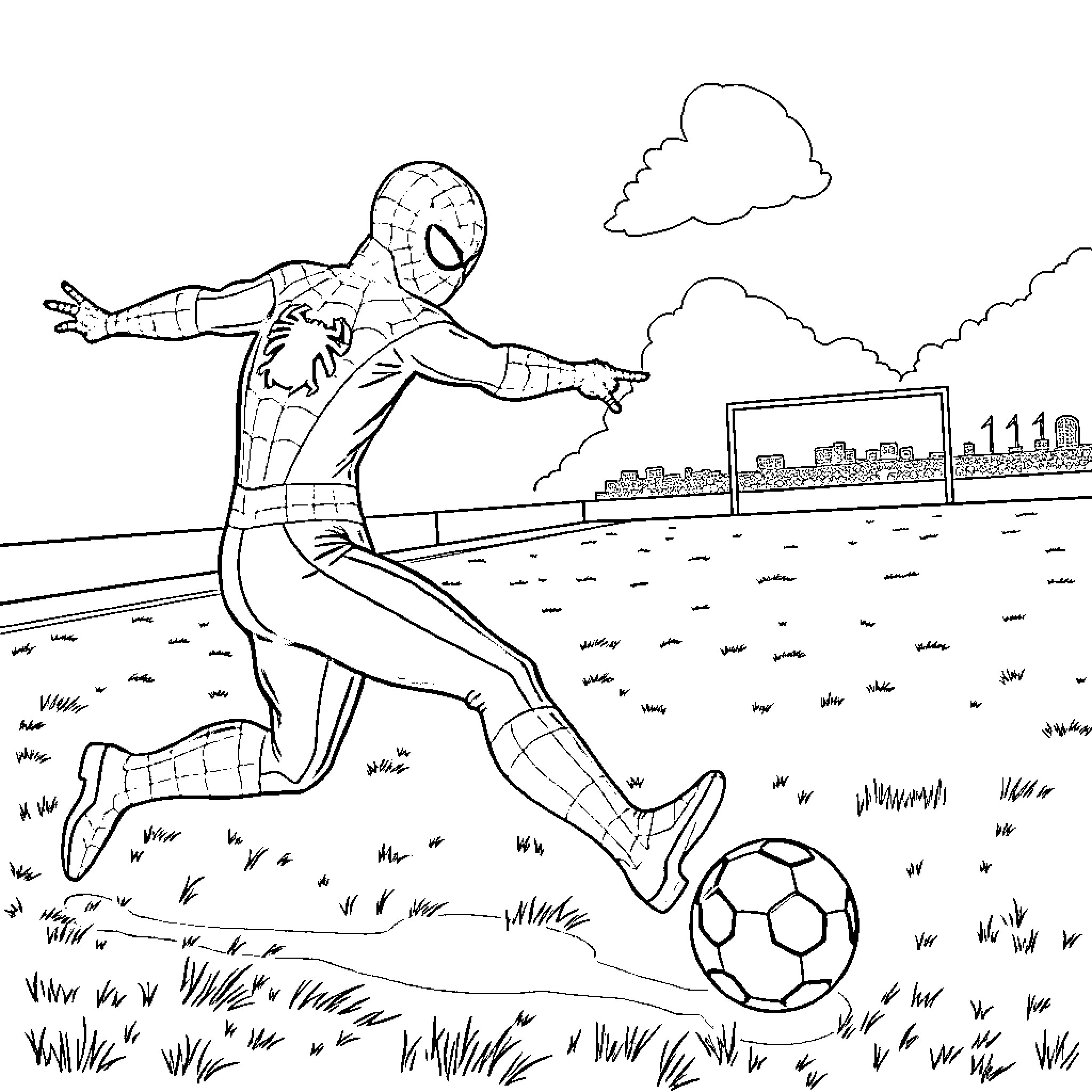 Spiderman kicking a soccer ball in the park Coloring Page (free black-and-white line drawing printable PDF for all, from beginners to advanced learners, including children, teens, adults, and seniors)