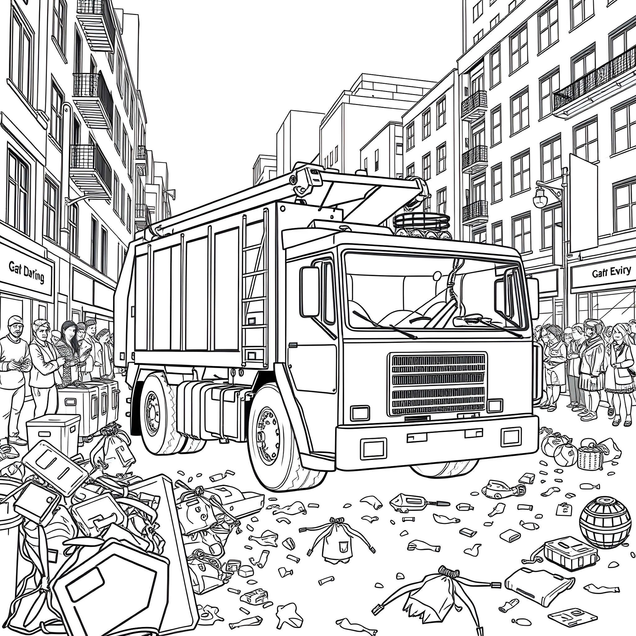 Boomtruck assisting with street cleanup after incident Coloring Page (free black-and-white line drawing printable PDF for all, from beginners to advanced learners, including children, teens, adults, and seniors)