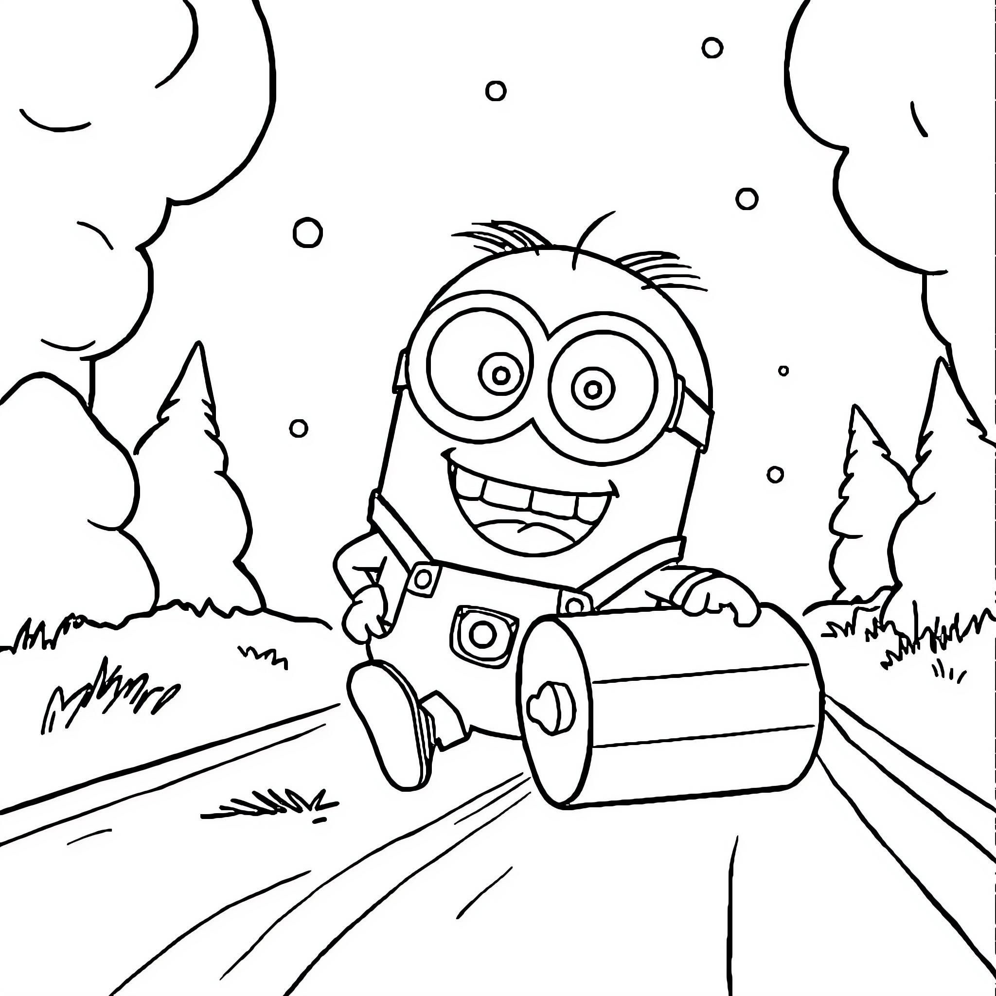 Minion driving joyfully in the woods Coloring Page (free black-and-white line drawing printable PDF for all, from beginners to advanced learners, including children, teens, adults, and seniors)