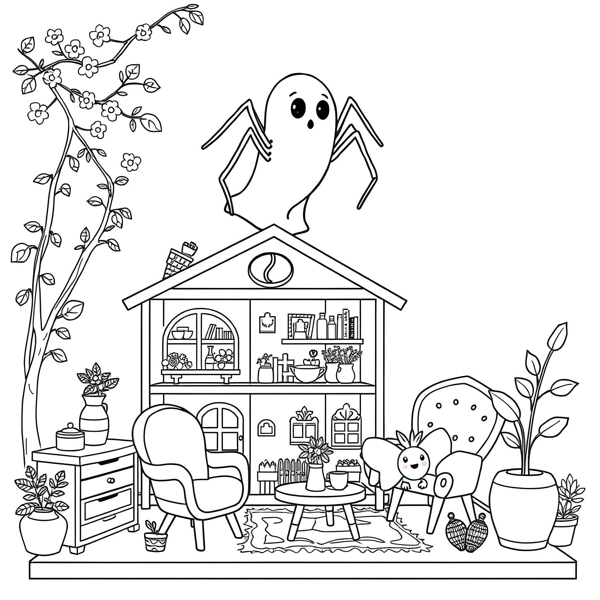 Tea Party with Ghostly Friends in Cozy Cottage Coloring Page (free black-and-white line drawing printable PDF for all, from beginners to advanced learners, including children, teens, adults, and seniors)