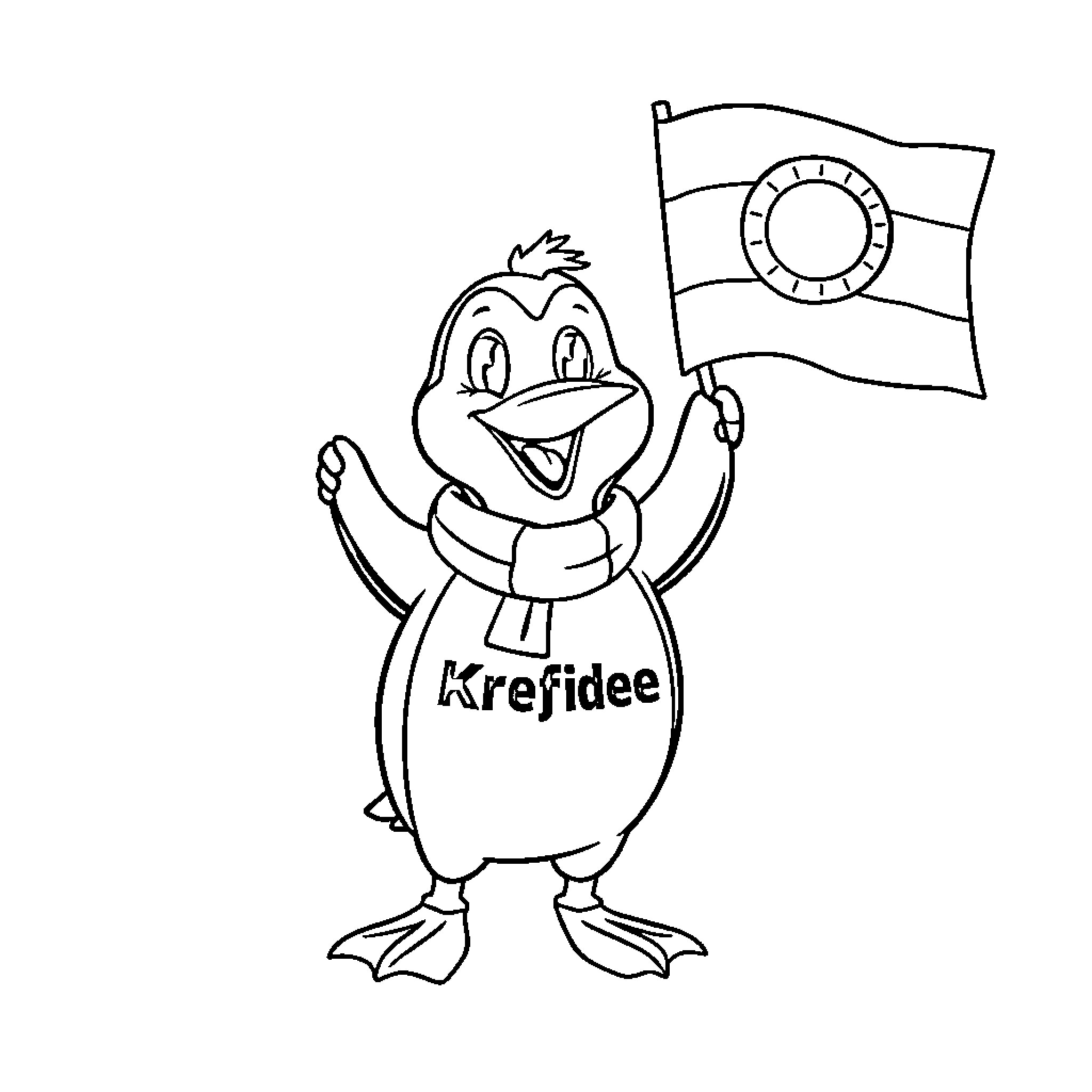 Penguin waving flag happily with lifebuoy Coloring Page (free black-and-white line drawing printable PDF for all, from beginners to advanced learners, including children, teens, adults, and seniors)