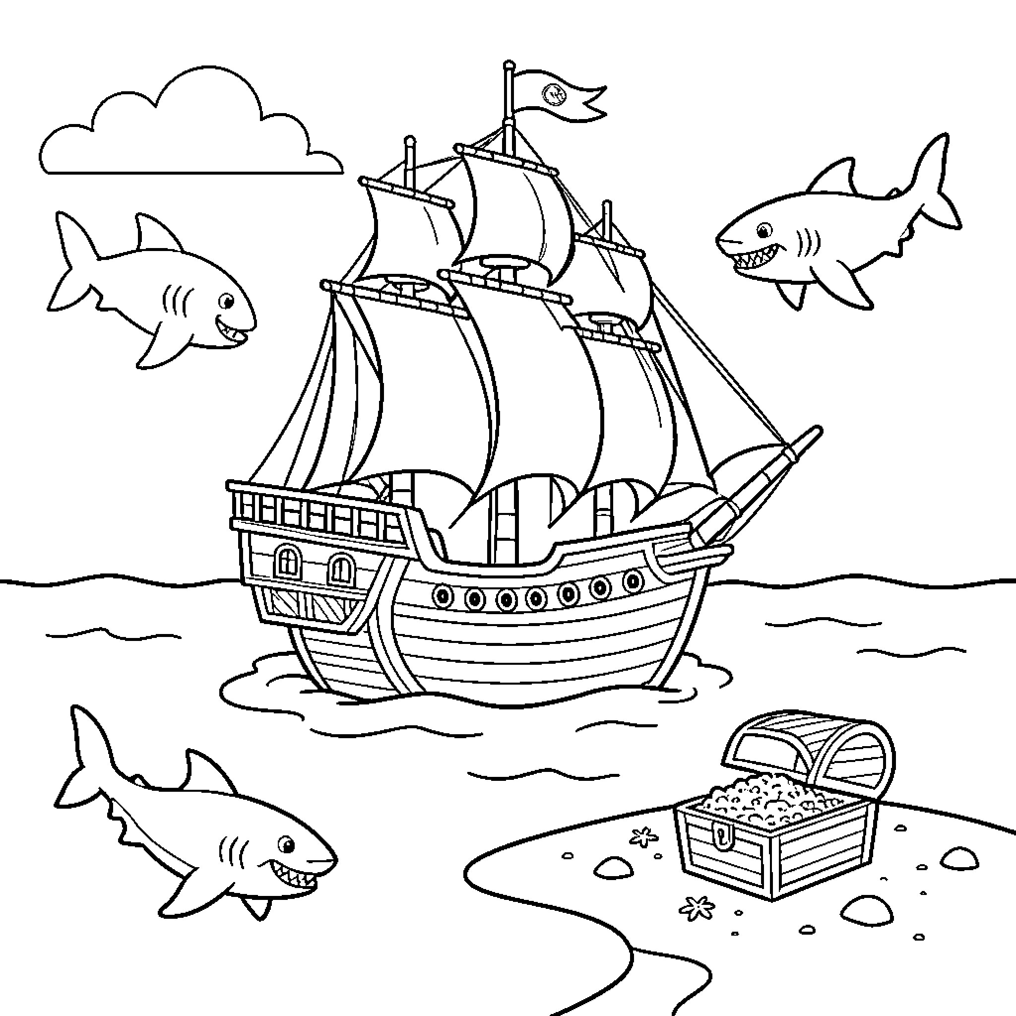 Bateau sailing through the ocean with sharks and treasure Coloring Page (free black-and-white line drawing printable PDF for all, from beginners to advanced learners, including children, teens, adults, and seniors)