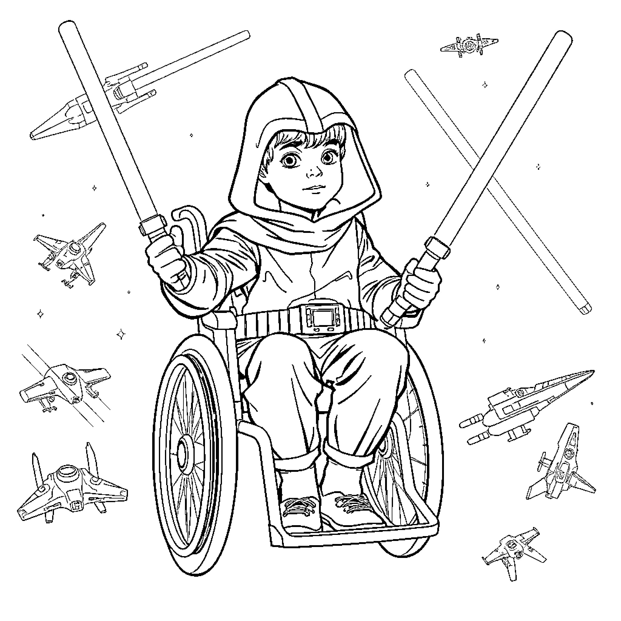 Boy in wheelchair wielding lightsabers amidst spaceships Coloring Page (free black-and-white line drawing printable PDF for all, from beginners to advanced learners, including children, teens, adults, and seniors)