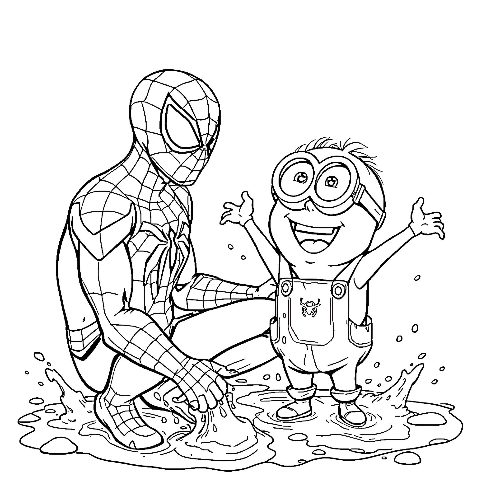 Spider-Man and Minion Splash Adventure Coloring Page (free black-and-white line drawing printable PDF for all, from beginners to advanced learners, including children, teens, adults, and seniors)
