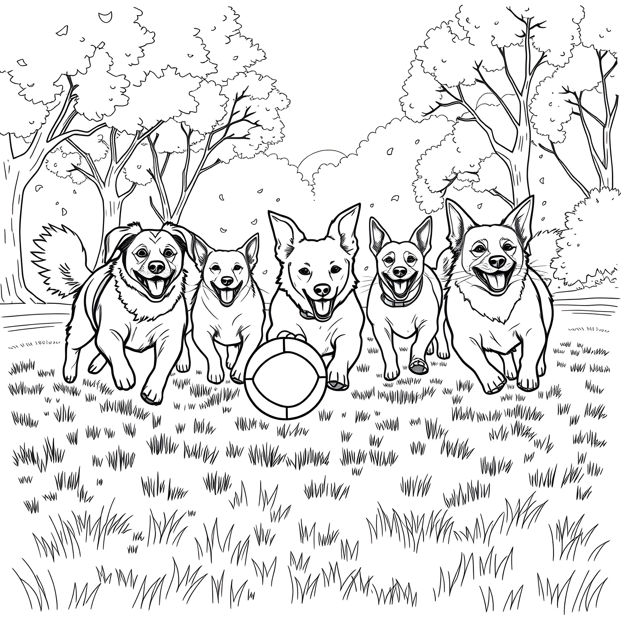 Dog pack playing in the park Coloring Page (free black-and-white line drawing printable PDF for all, from beginners to advanced learners, including children, teens, adults, and seniors)