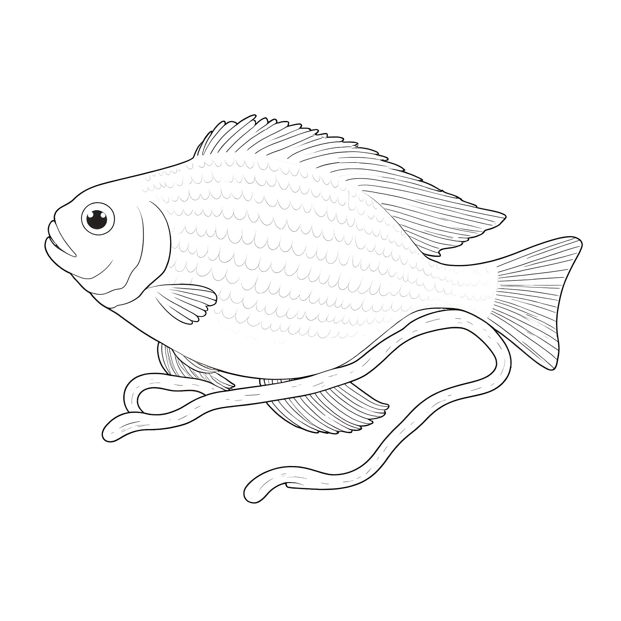 Cichlid fish swimming gracefully Coloring Page (free black-and-white line drawing printable PDF for all, from beginners to advanced learners, including children, teens, adults, and seniors)