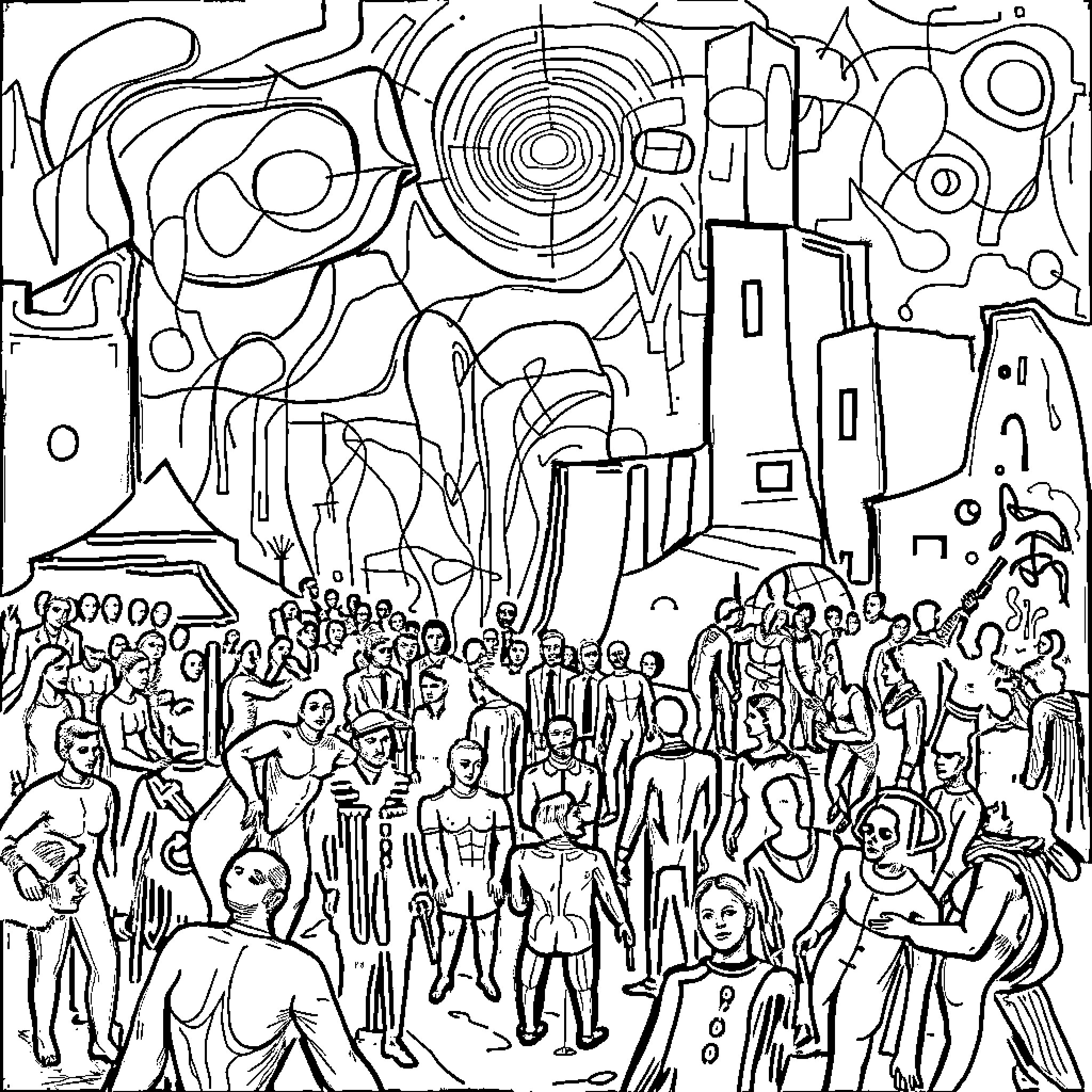 Guernica: Chaotic Crowd Gathering in Surreal Landscape Coloring Page (free black-and-white line drawing printable PDF for all, from beginners to advanced learners, including children, teens, adults, and seniors)